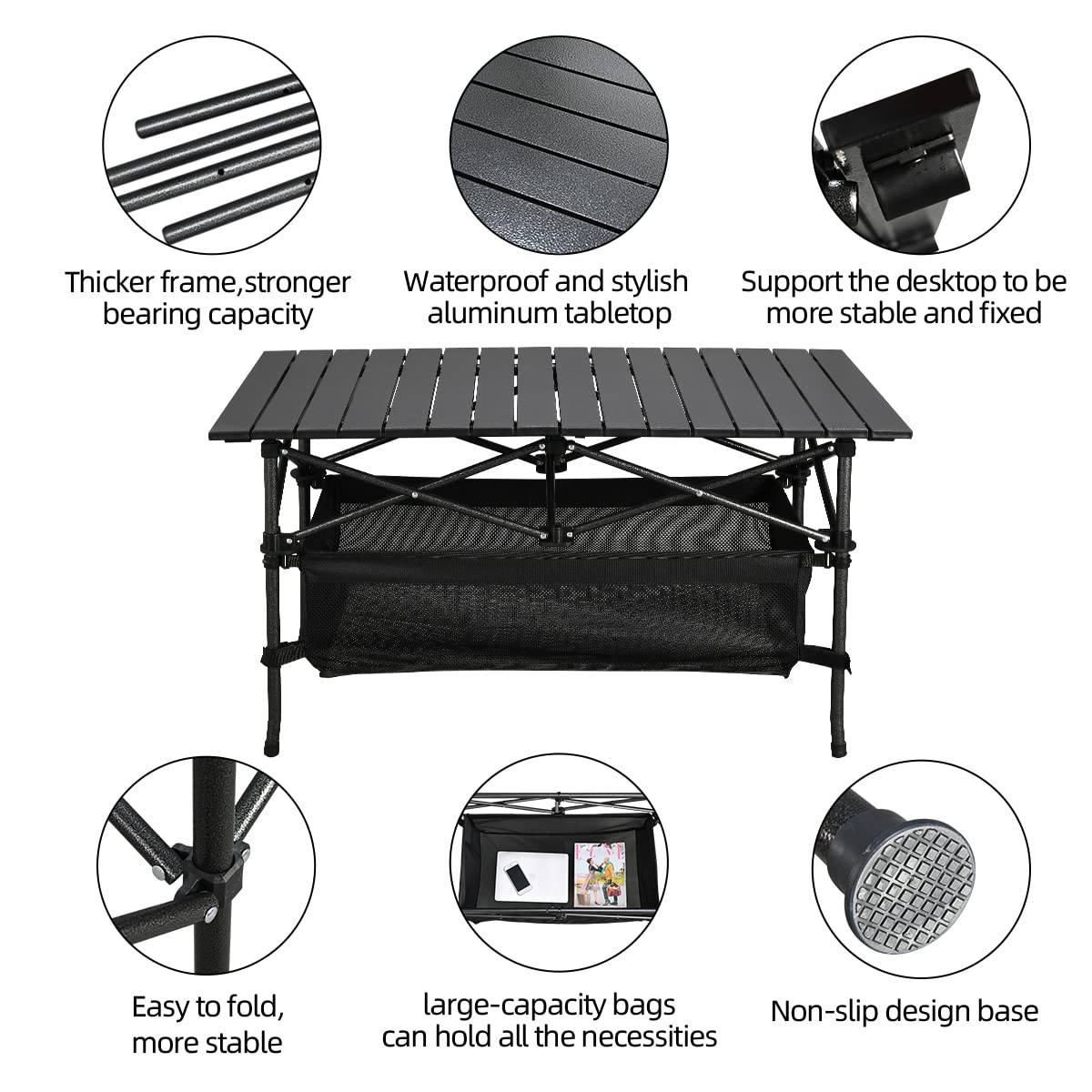WUROMISE Lightweight Aluminum Folding Camping Table (37.13” x 21.57” x 19.69”), Portable Roll-Up
