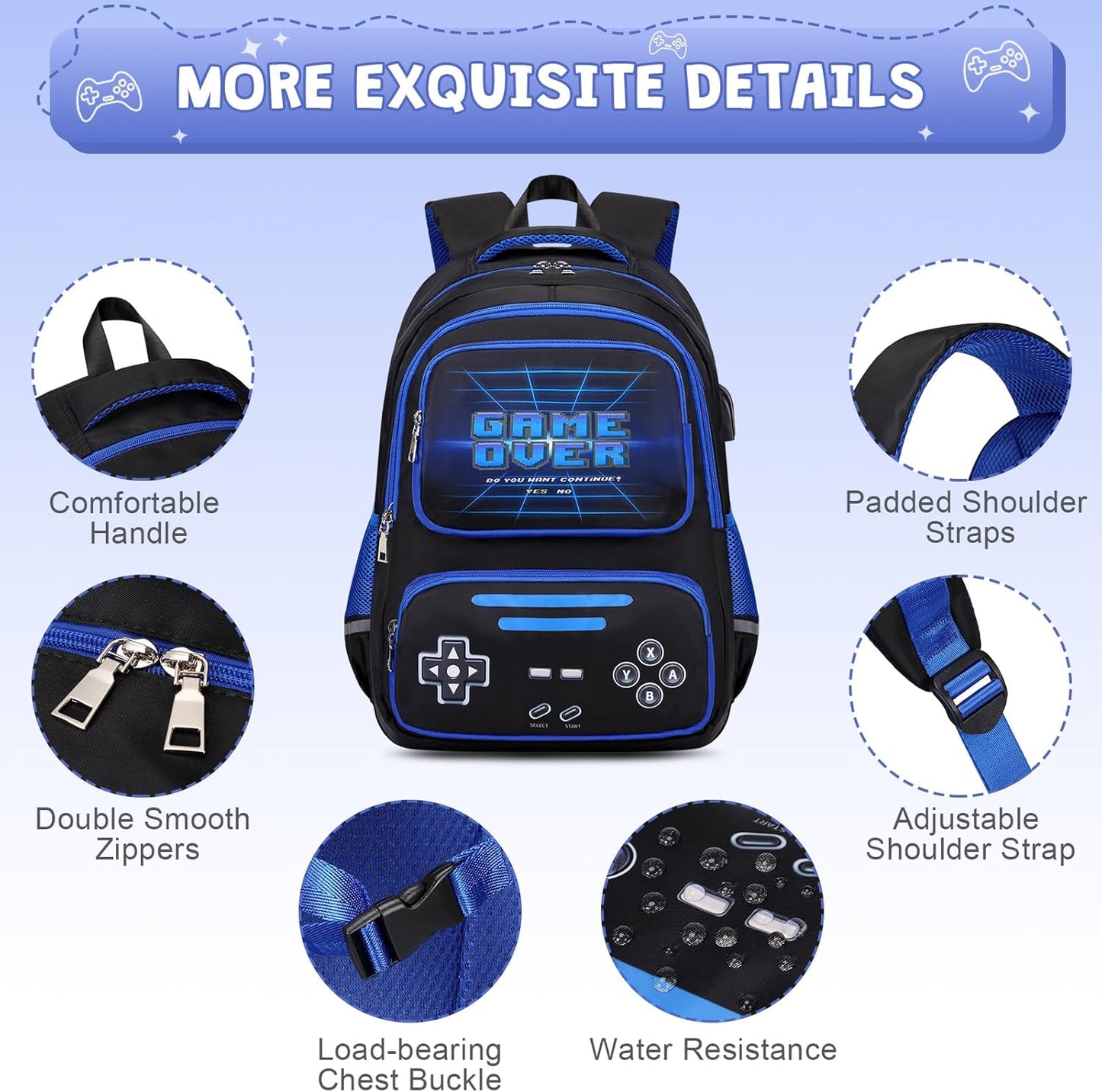 Gamer Backpack for Boys - Cool Luminous School Backpack for Boys with Lunch Bag Pencil Case - Kids Elementary Middle School Book Bags for Teen with USB Charging Port (Black