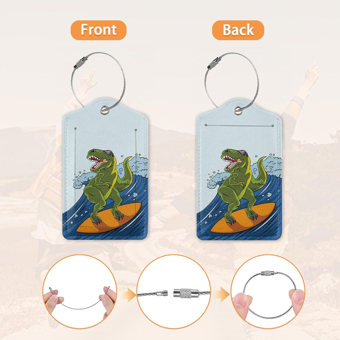 2 Pcs Luggage Tags for Suitcase,Dinosaur Surfing on Sea Luggage Tag Name Id Labels with Privacy Cover for Travel Backpack Women Men