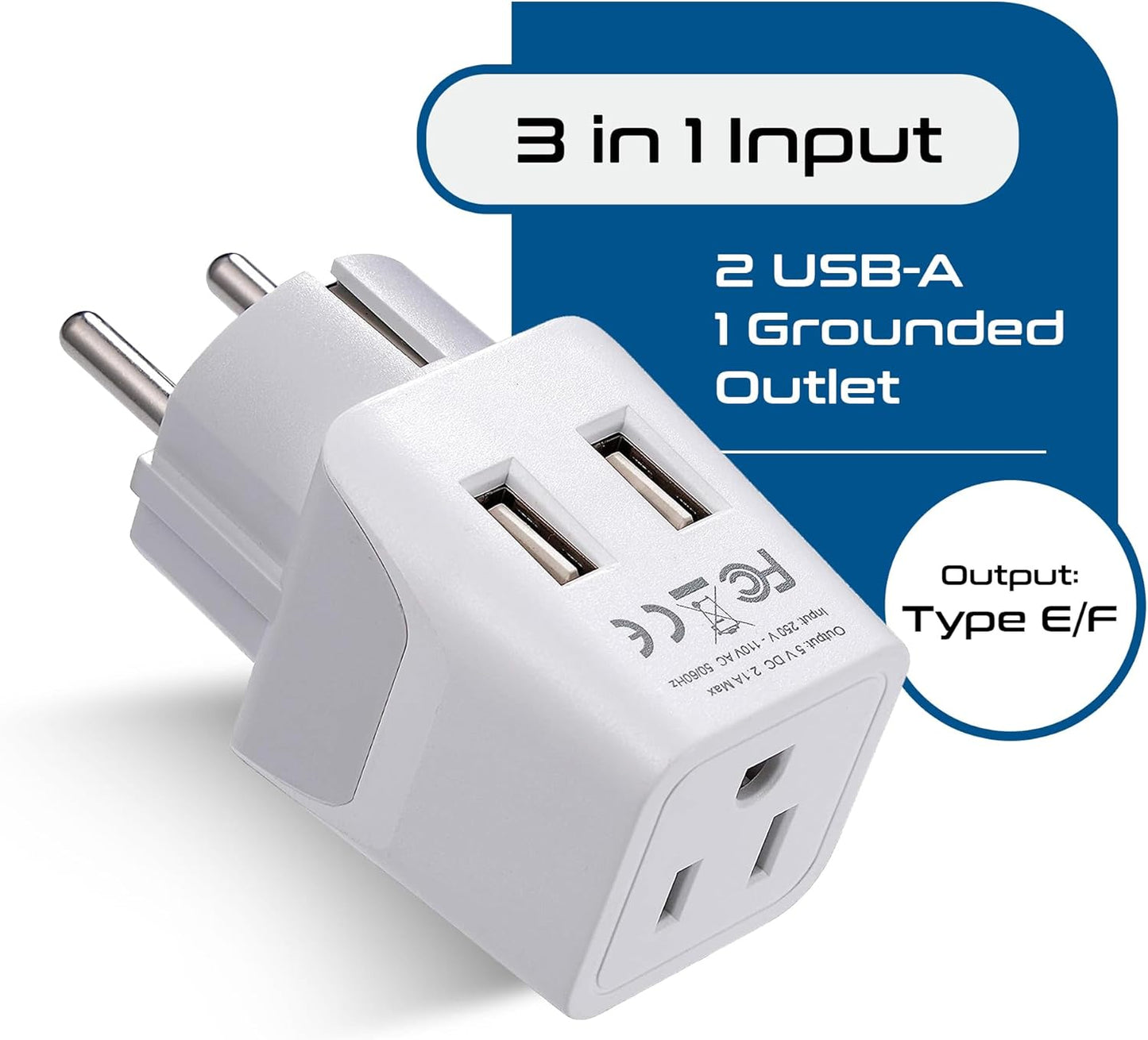 Ceptics Schuko, Germany, France, Spain Travel Adapter Plug with Dual USB - Usa Input Type E/F