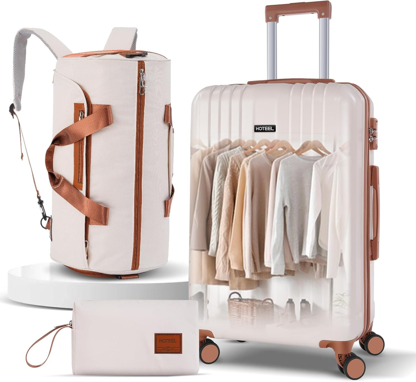 Hoteel 3-Piece Travel Essentials Bundle (4-YEAR WARRANTY) Carry On Luggage with Duffel Bag, 20 Inch Suitcase with Spinner Wheels & TSA Lock for Weekend Trips (Beige)