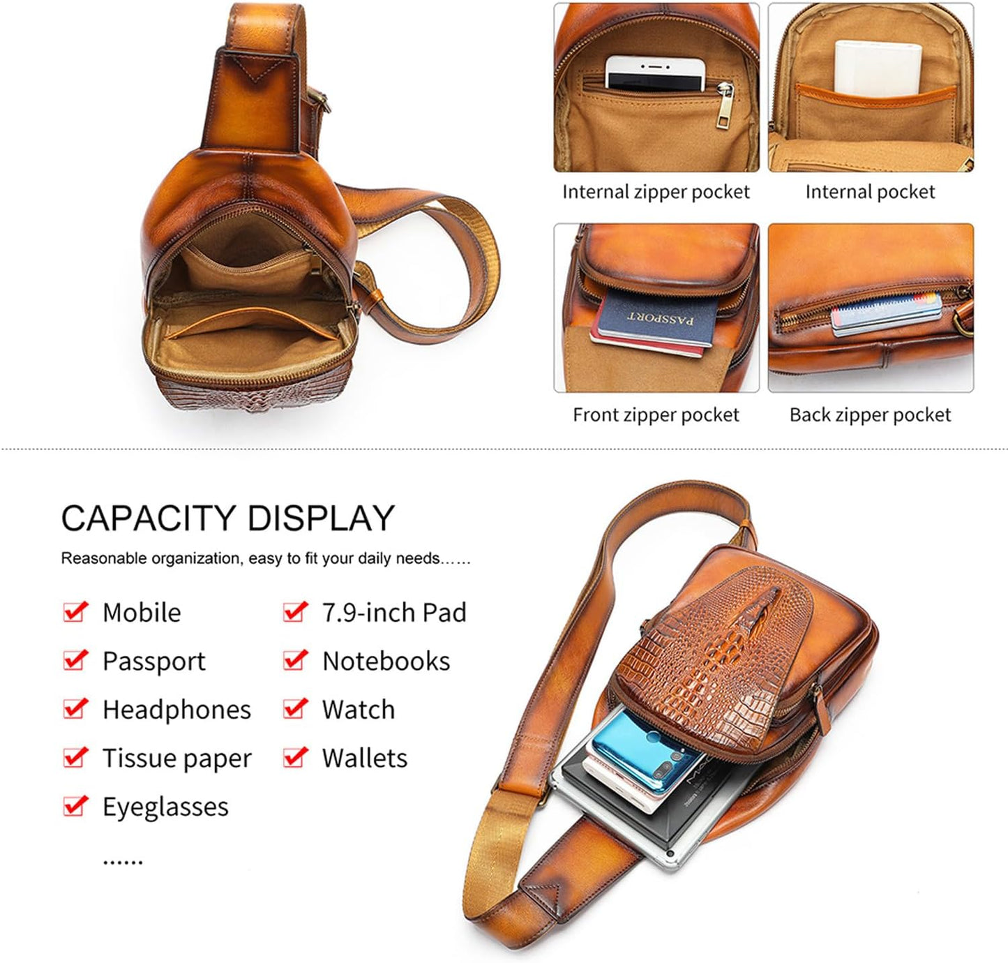 Genuine Leather Sling Bag for Men Women Backpack Chest Shoulder Satchel Crossbody Bags Casual