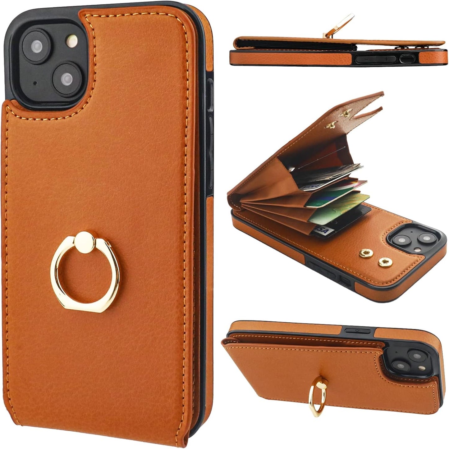 Folosu Compatible with iPhone 14 Plus Case Wallet with Card Holder, 360°Rotation Finger Ring Holder Kickstand, RFID Blocking Leather Protective Double Buttons Shockproof Cover 6.7 Inch Brown