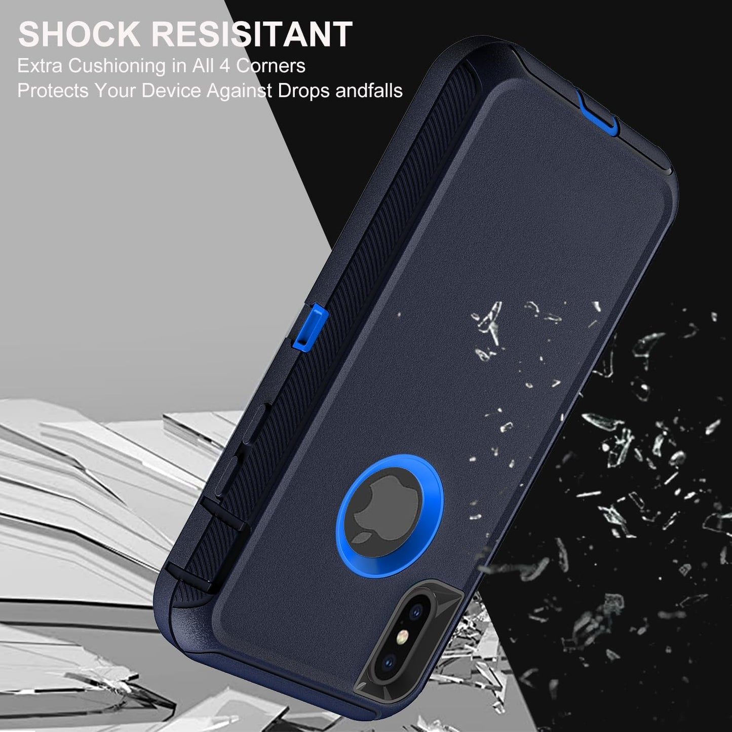 for iPhone Xs Max Case, Military Grade 3 in 1 Heavy Duty Shockproof/Drop Proof/Dust Proof Case with 2Pcs Tempered Glass Screen Protector (Navy Blue)