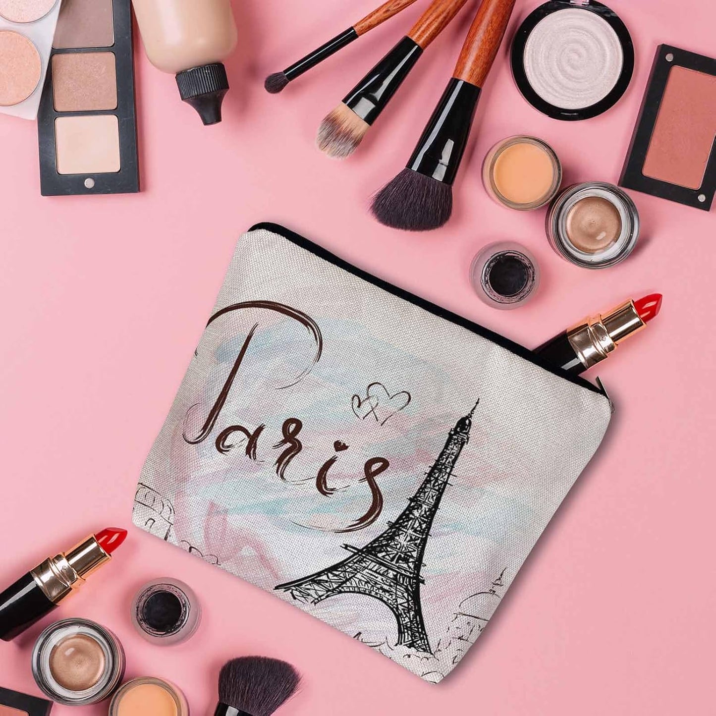 Women Cosmetic Bag Eiffel Tower, Watercolor Paris Eiffel Tower Cute Makeup Bag For Purse Cosmetic Travel Bag For Toiletries Makeup Storage Bag Flax Skincare Bag Make Up Pouch Bags