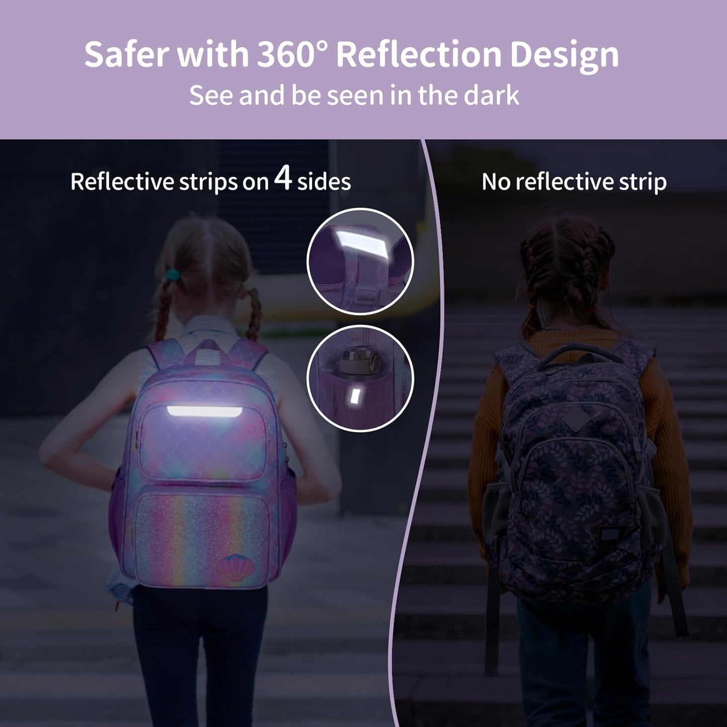 Kids Backpack for Girls - 15 Inch Mermaid Backpack for Kids 3 to 8, School Bookbag for Preschool Kindergarten Elementary 1st 2nd, with Insulated Pocket and Reflective Stripe, Purple Mermaid