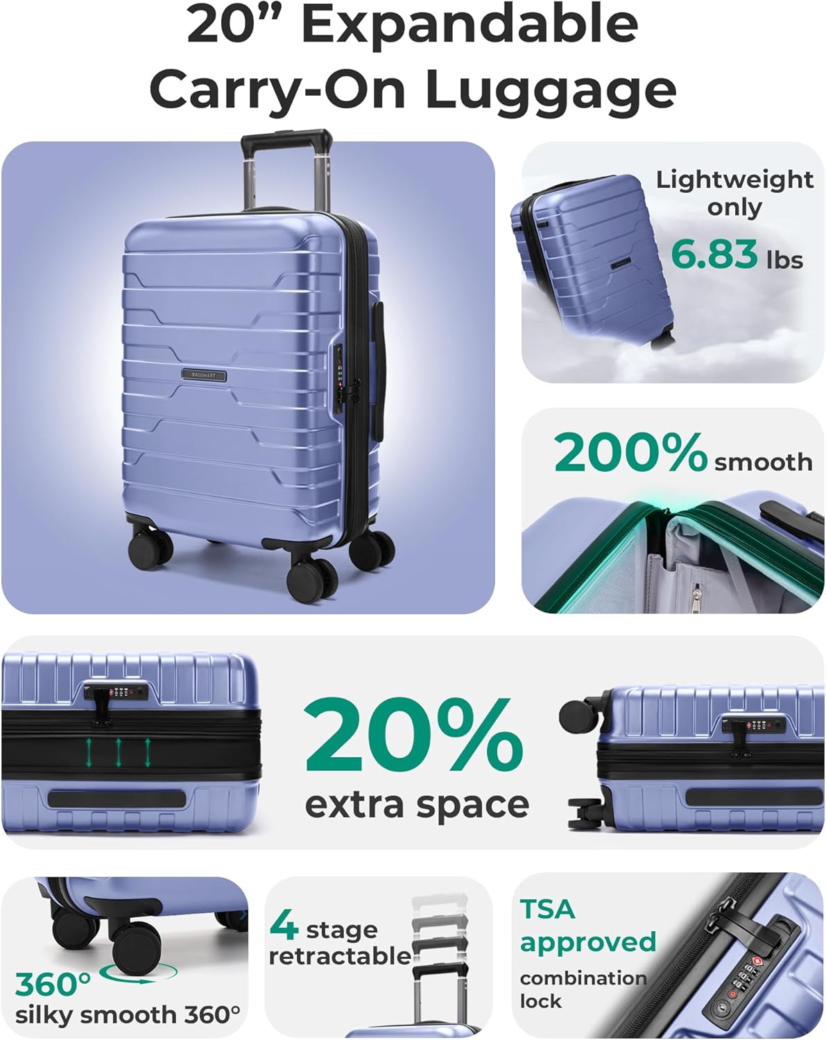 BAGSMART Carry On Luggage 22x14x9 Airline Approved with Spinner Wheels,Lightweight 20 Inch Luggage