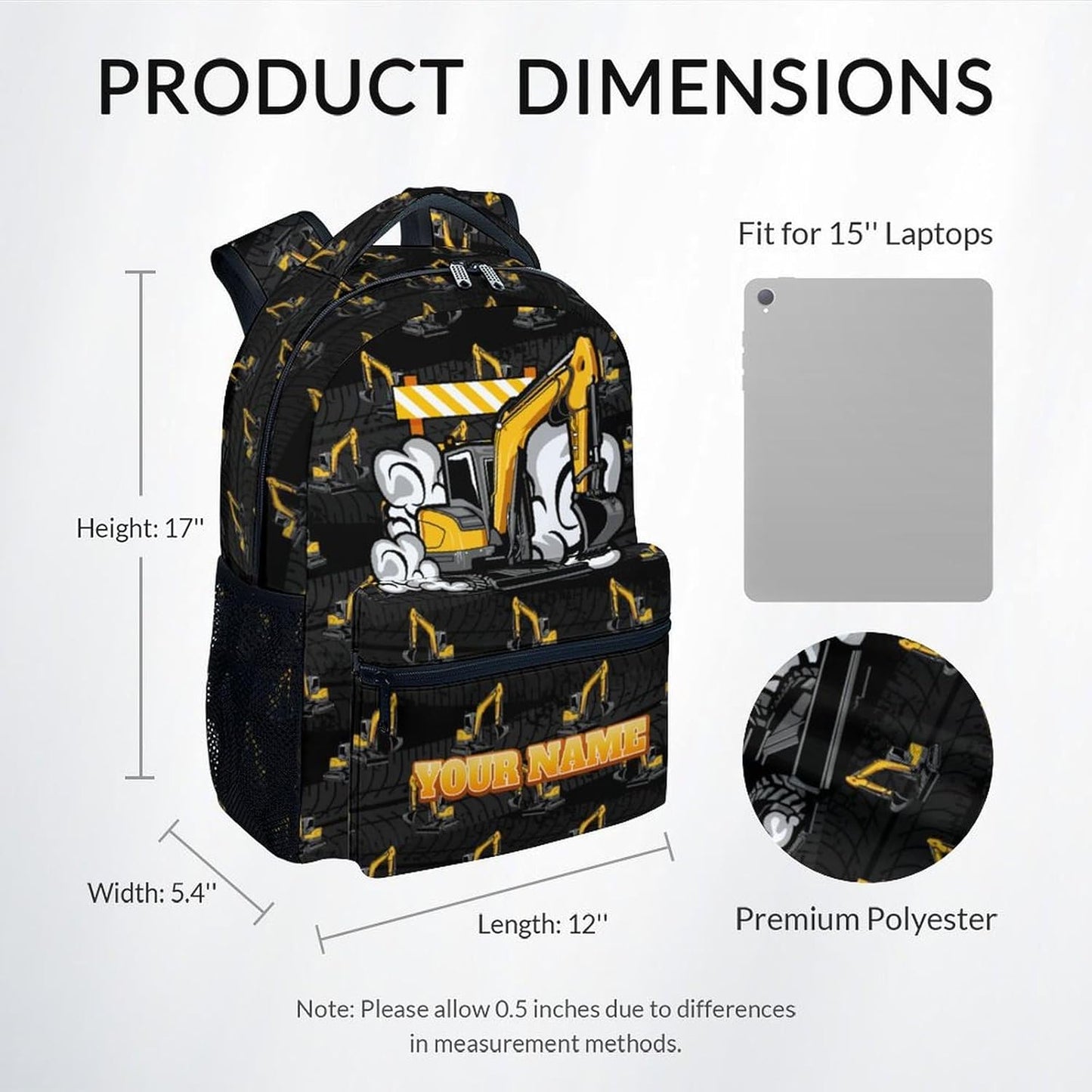 Backpack for Boys - 17 Inch Custom Digger Bookbag for Kids - Personalized Cool Excavator School Bag for Primary Middle