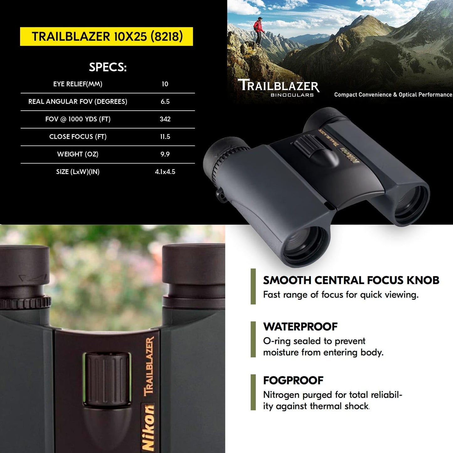 Nikon Trailblazer 10x25mm Binoculars - Compact, Waterproof & Fogproof, Bright Multilayer-Coated