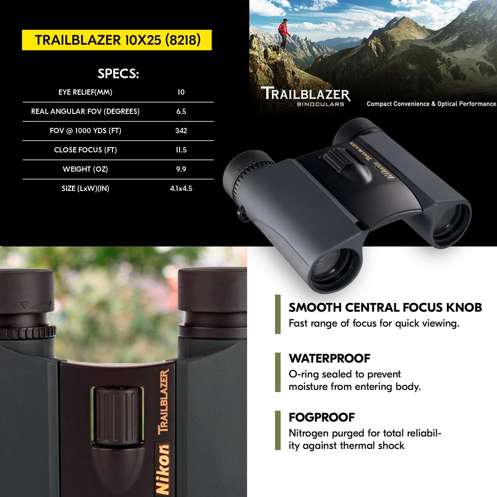 Nikon Trailblazer 10x25mm Binoculars - Compact, Waterproof & Fogproof, Bright Multilayer-Coated