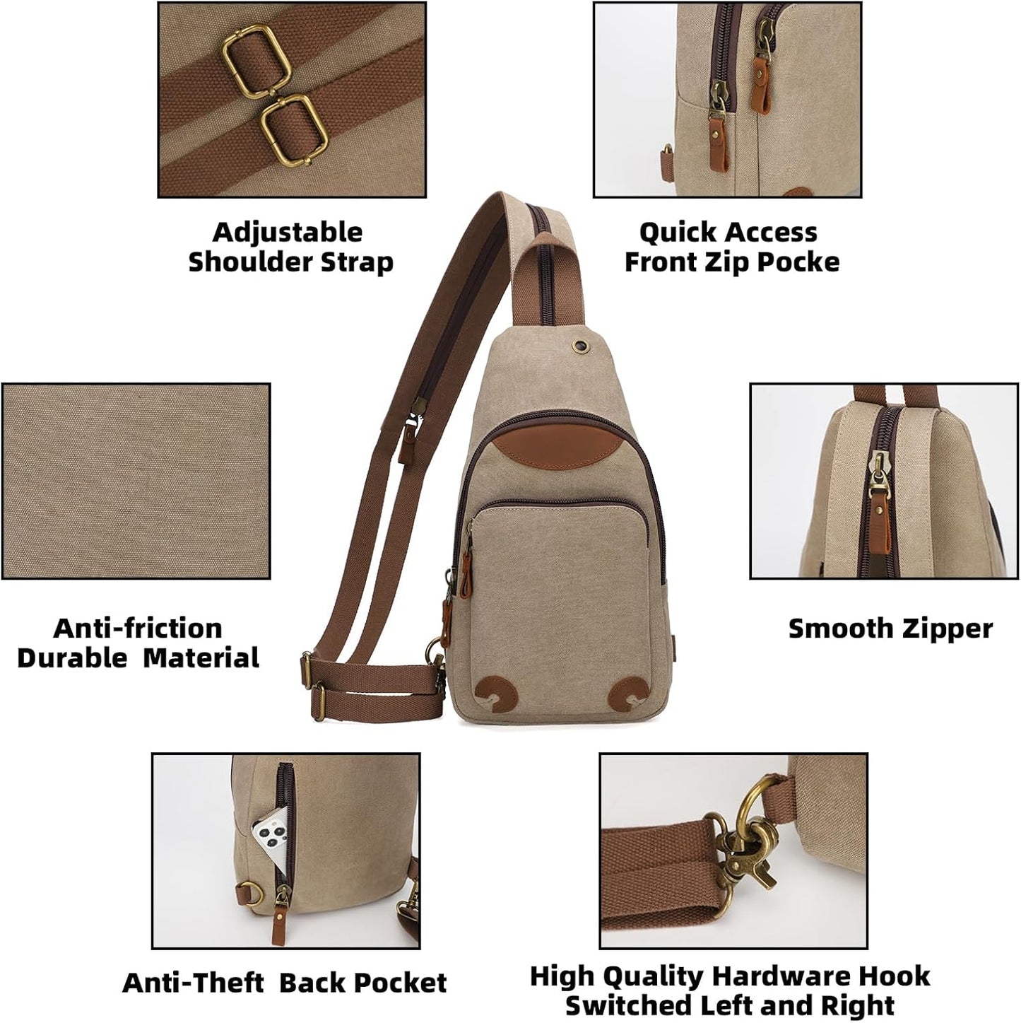 KL928 Canvas Sling Bag Crossbody Backpack Shoulder Casual Rucksack for Men Women,Khaki