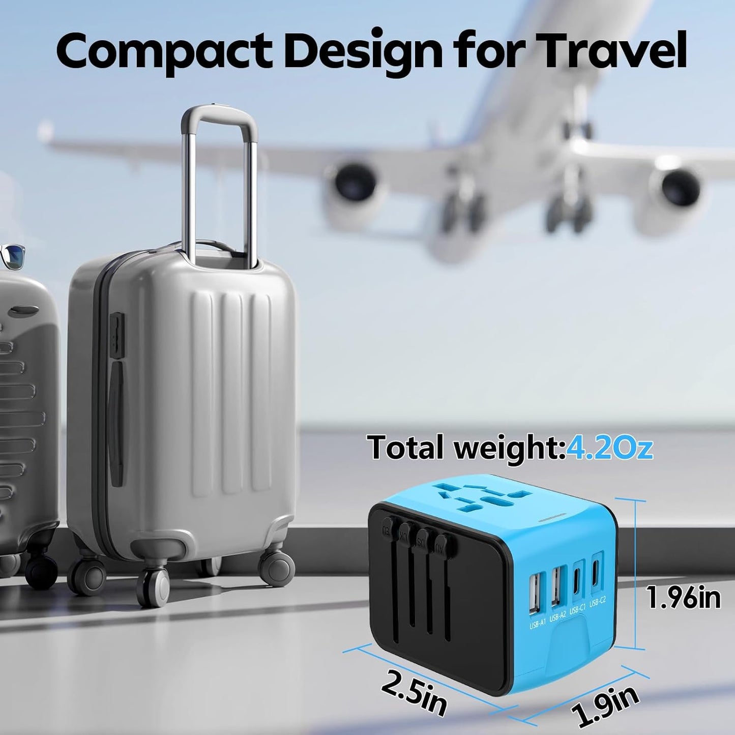 JMFONE Universal Travel Adapter with 4 USB C/A Ports and AC Outlets, All-in-One International Power Plug Adapter for All USB Devices, Worldwide Travel Charger for Europe US UK AU 200+ Countries(Blue)