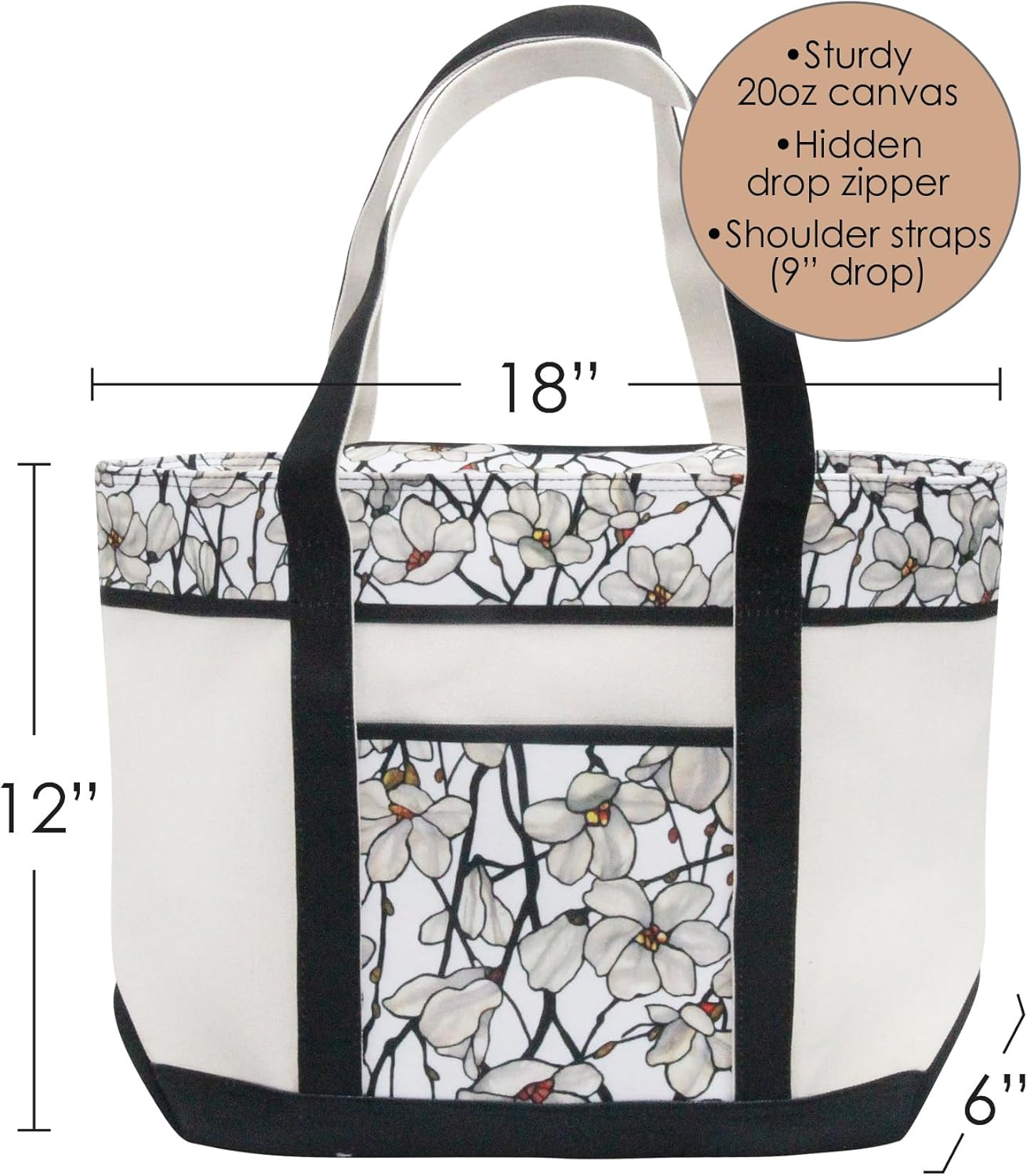 RainCaper Fine Art Large Cotton Canvas Tote Bag Roomy Heavy Duty Sturdy Boat Bag Zippered Top Lots of Pockets Shoulder Straps
