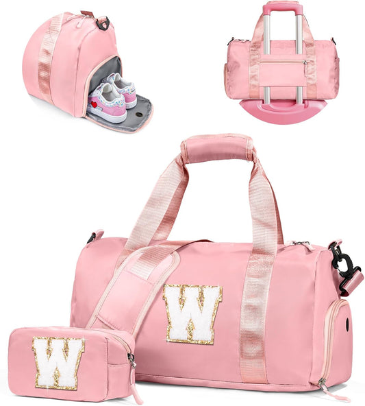 Christmas Gifts for Girls-Girl Gym Bag with Shoe Compartment, Kid Personalized Weekender Overnight Bags, Initial Travel Tote with Makeup Pouch, Gift Ideas for Niece Sister (Letter W)