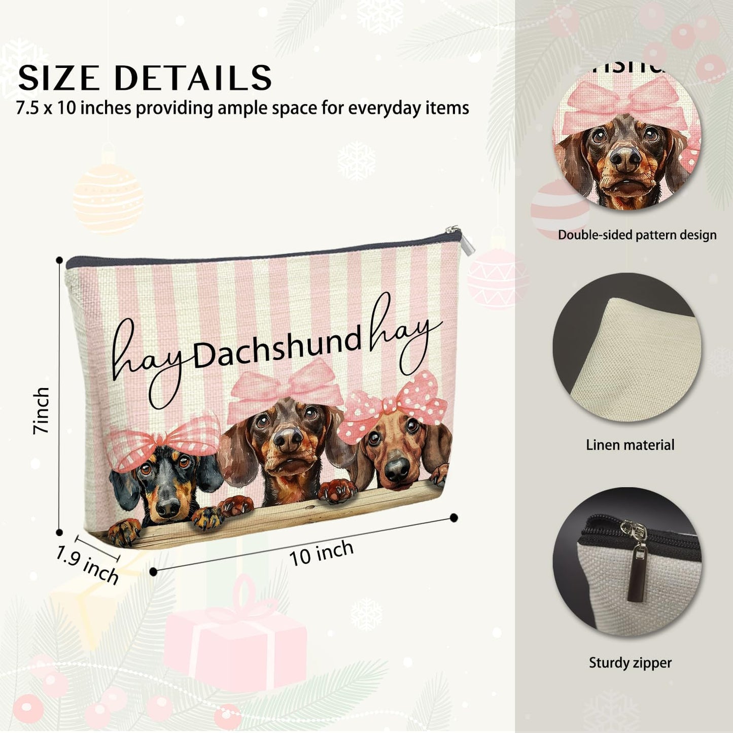 Coquette Dachshund Makeup Bag Gifts for Women, Preppy Pink Bow Dachshund Cosmetic Bag, Girly Sausage Weiner Dog Striped Zipper Makeup Pouch Travel Toiletry Bag