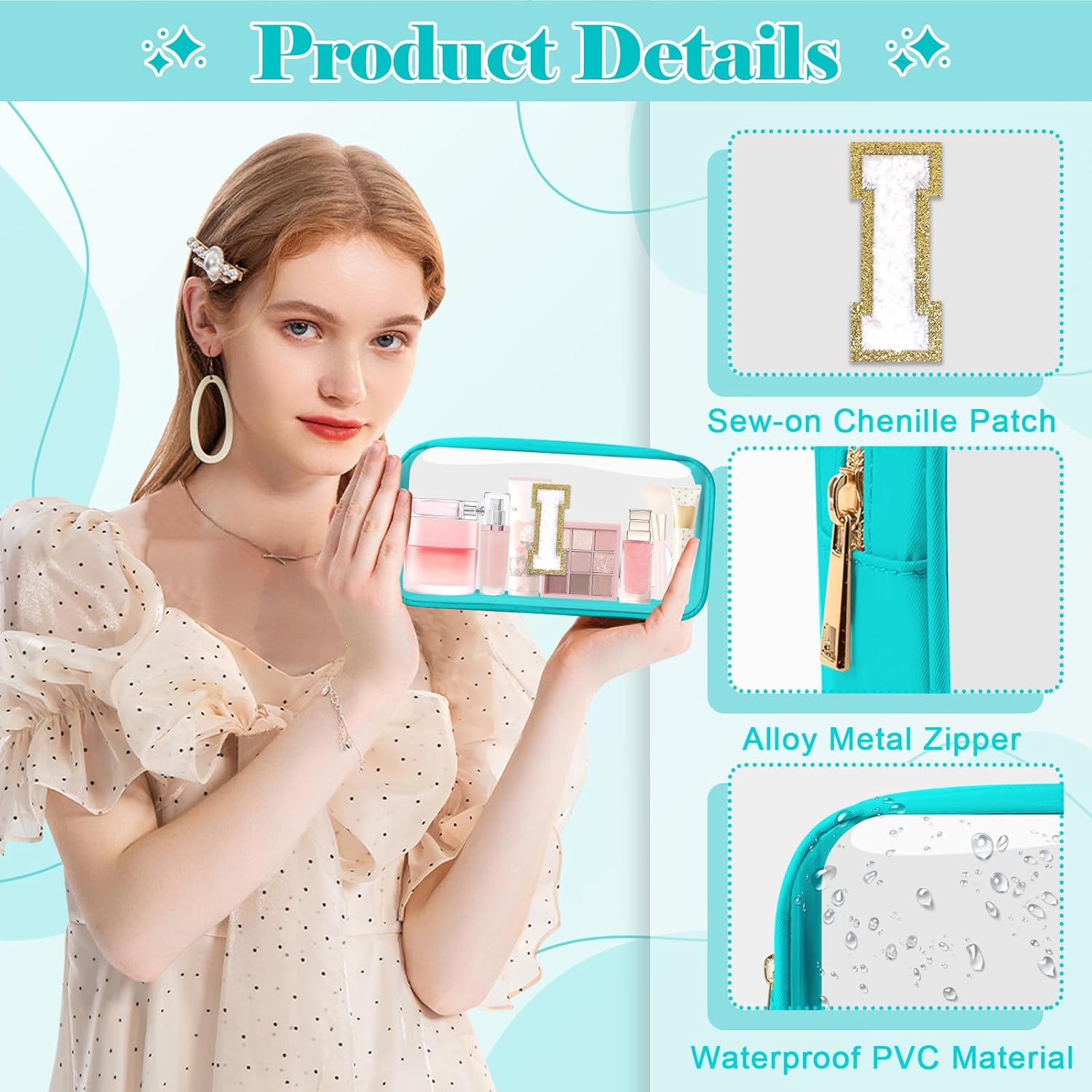 Personalized Initial Letter Clear Makeup Bag,Preppy Small Nylon&PVC Cosmetic Zipper Bag with