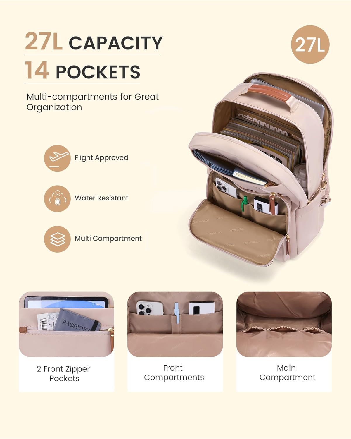 LOVEVOOK Laptop Backpack for Women, 15.6" Work Backpack Purse, Travel Personal Item Bag, Carry On Business Computer Bag, Casual Daypack for Office, School, or Gift, Apricot Brown