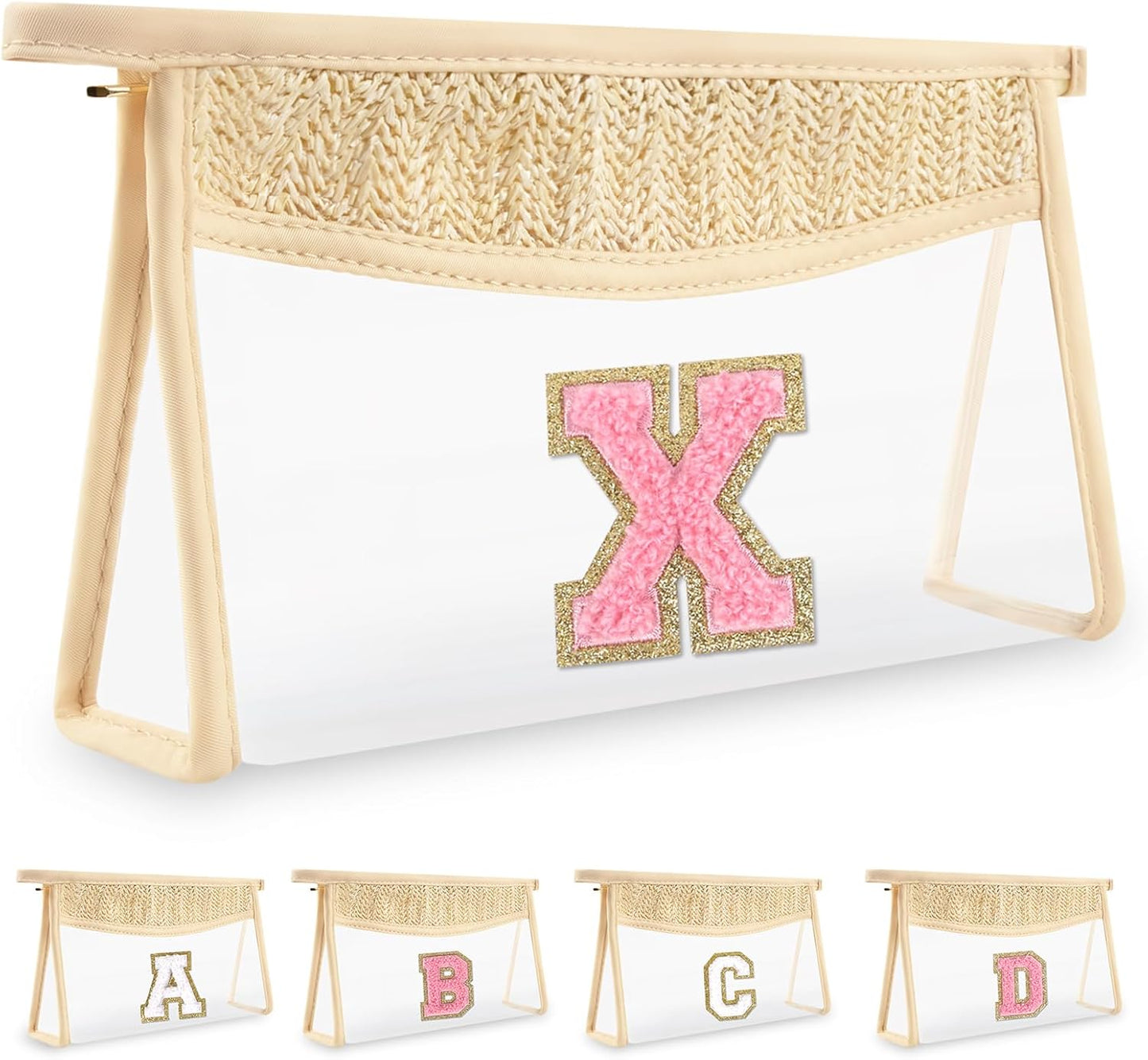 Small Boho Straw Initial Letter Makeup Bag Personalized Gift ,Cute Clear Chenille Patch Makeup Bag With Zipper,Trendy TSA Approved Travel Toiletry Bag,Gift for Women Girls Birthday Friend, Letter X