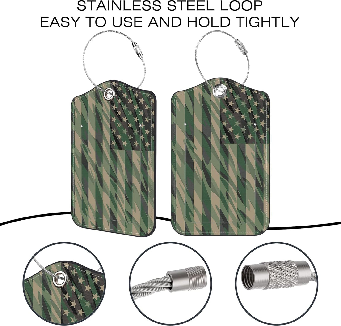 2 Pack Luggage Tags for Suitcase,Camo USA Flag PU Leather Idea Baggage Tag with Name Labels Privacy Cover Metal Ring Men and Women Travel Cruise Labels