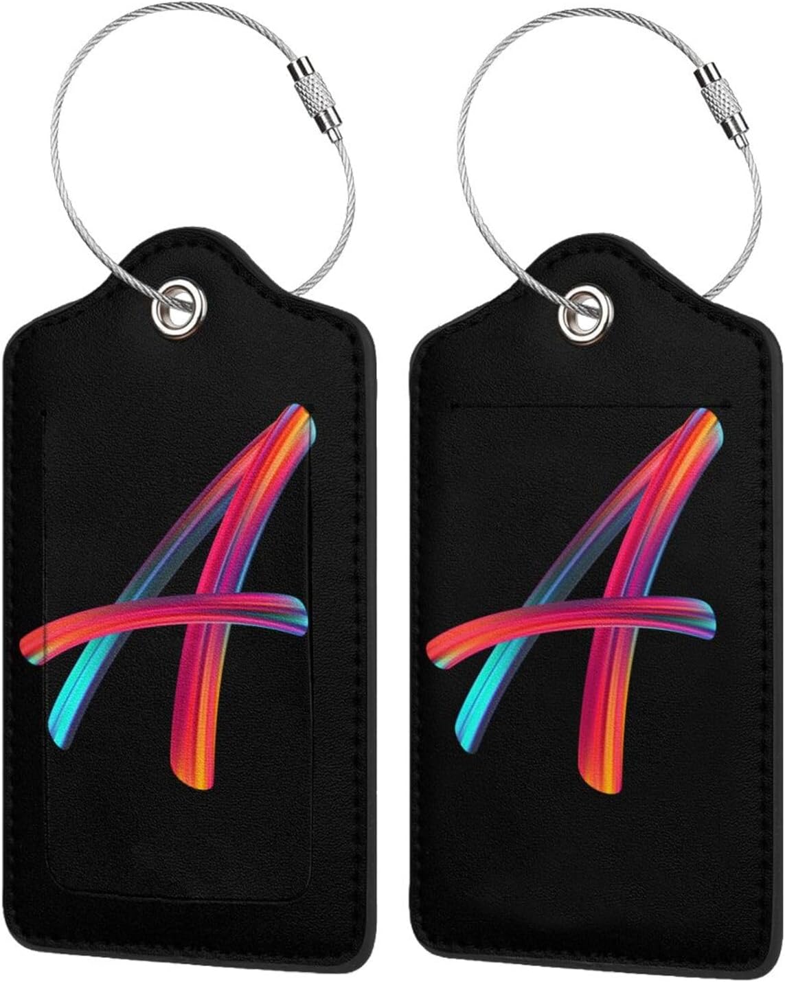 2 Pack Initial Luggage Tags for Suitcase, Colorful Letter Design Cruise Name Bag Tags, Novelty Baggage Identifiers with Full Privacy Cover, Leather ID Label for Women Men Kids Travel, Rainbow Letter A