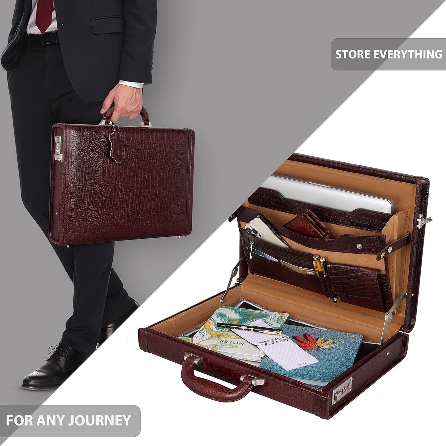Full Grain Leather Briefcase Attache Case For Unisex Size L17xW3xH12 Inches Briefcase Bag (Croc Brown)