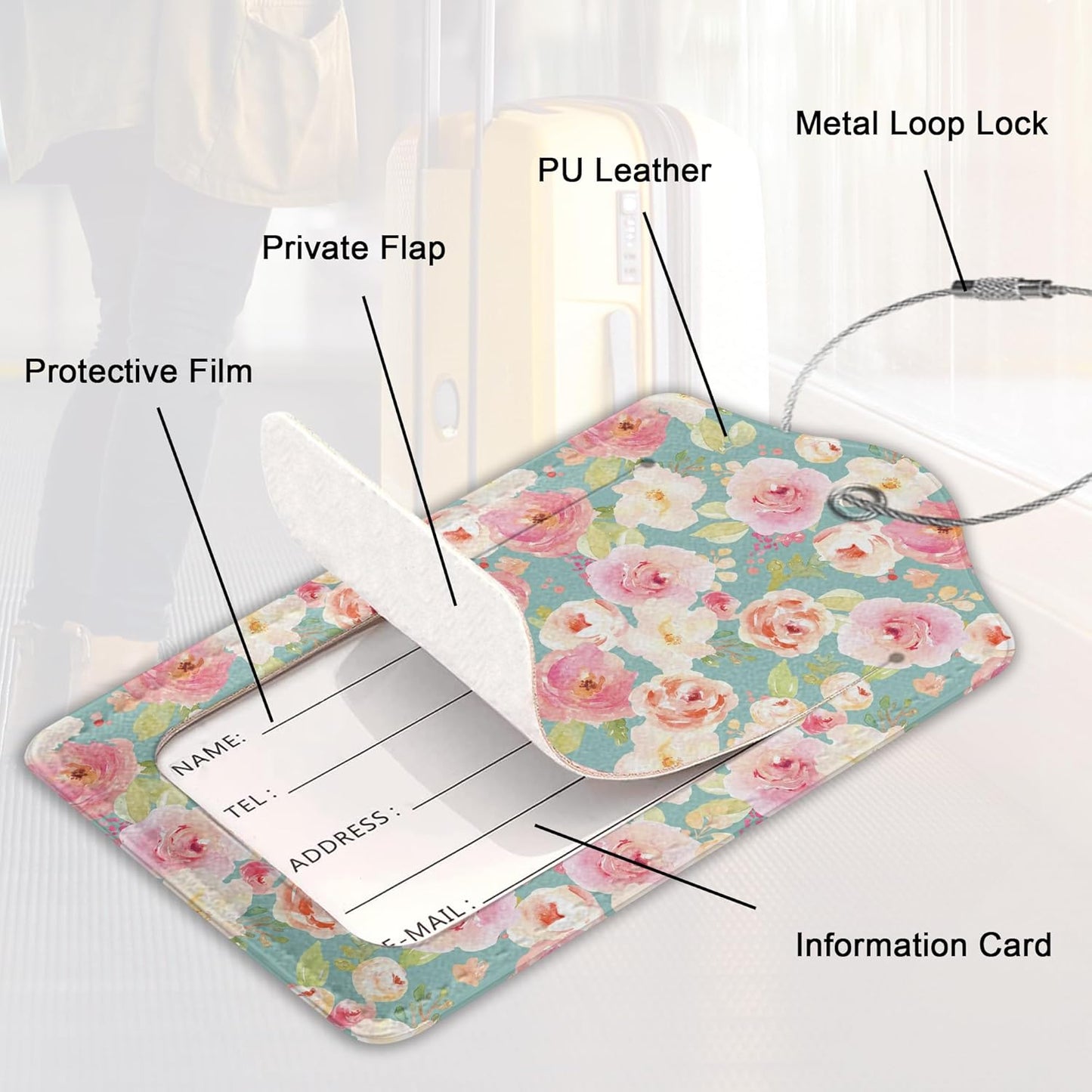 2 Pack PU Leahter Luggage Tag with Stainless Steel Loop,Vintage Rose Flower Luggage Tag Travel Suitcase Labels with Privacy Cover ID Label Quickly Spot for Bags & Baggage
