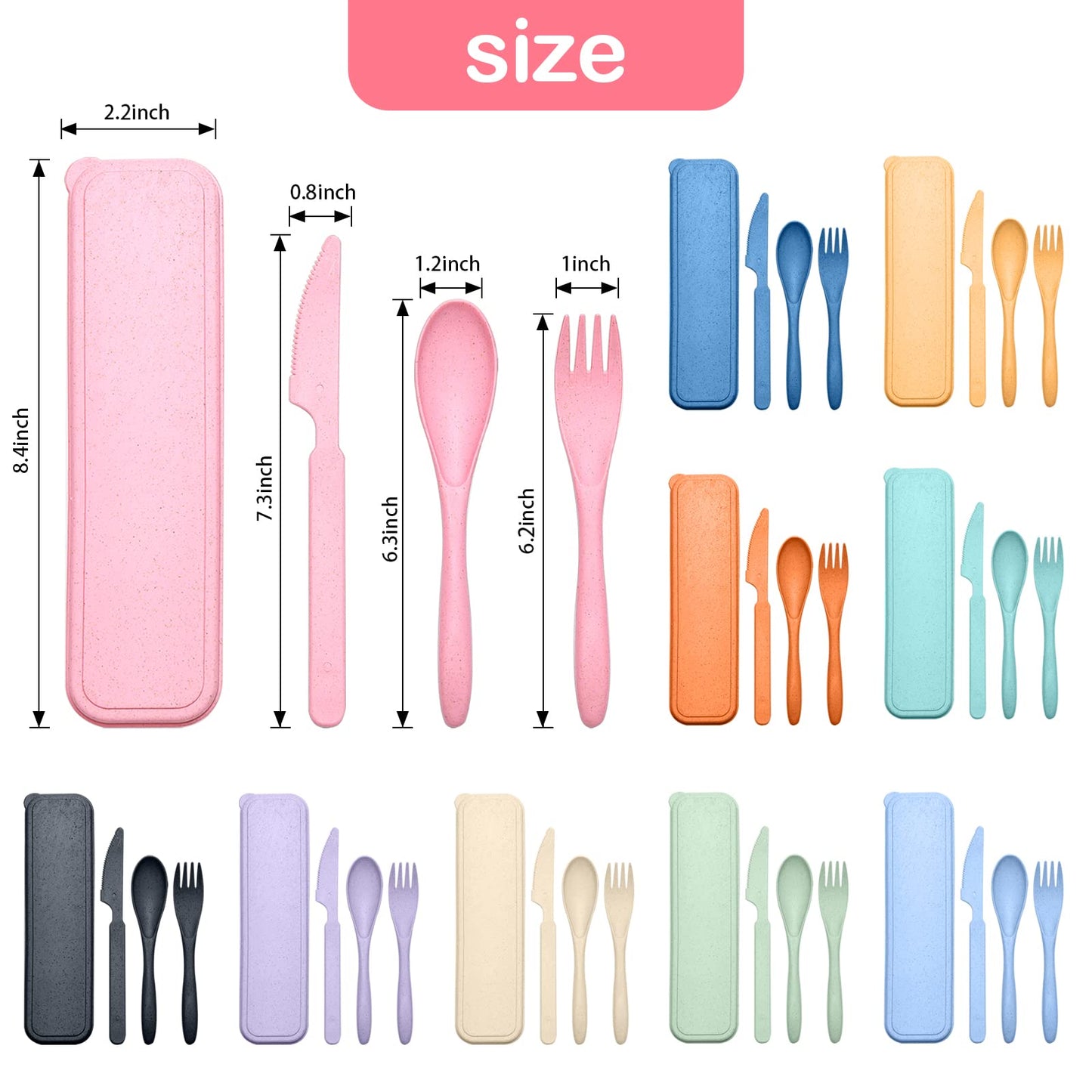 Reusable Travel Utensils Set with Case, 2 Sets Wheat Straw Portable Plastic Fork Spoons Knife