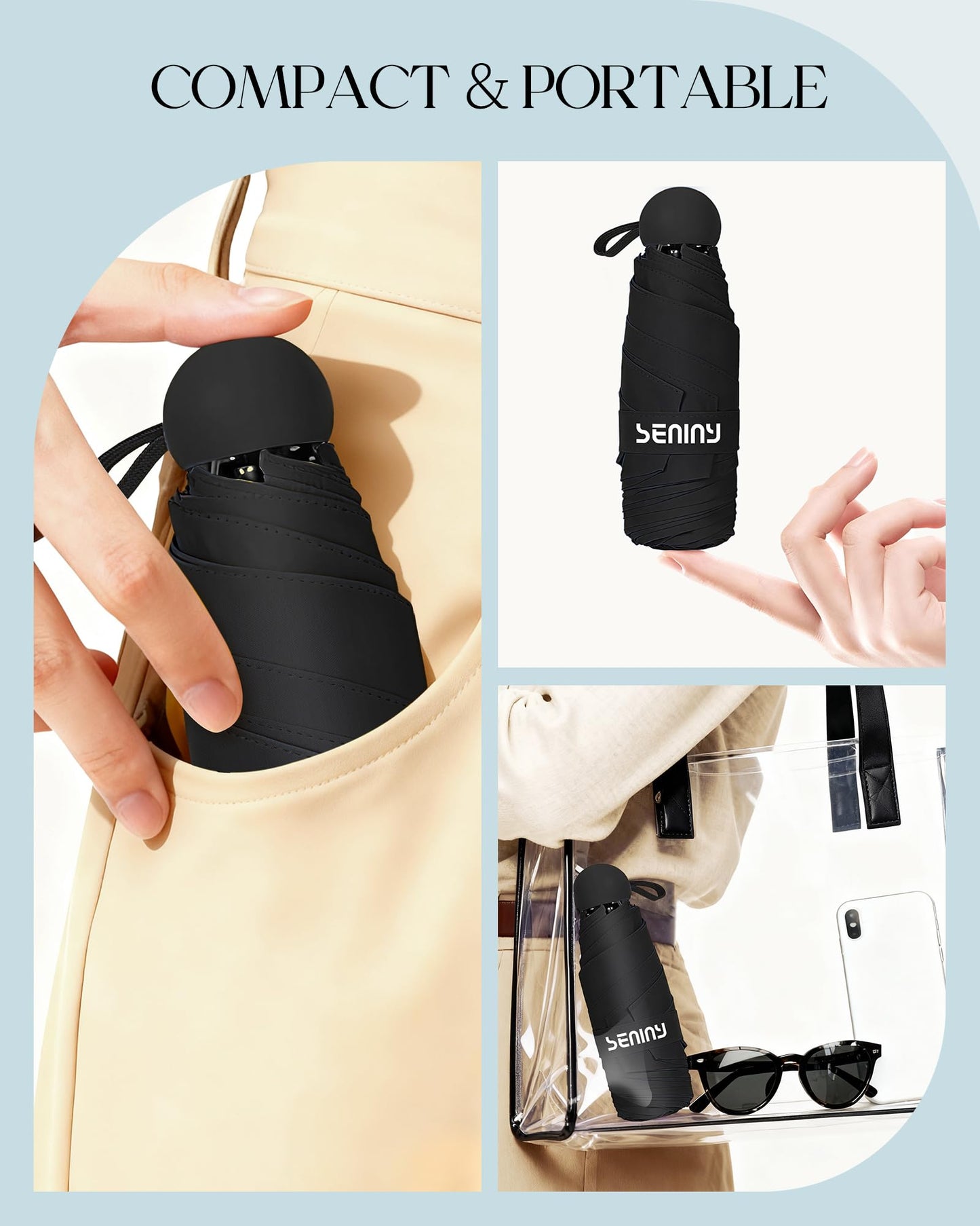 Seniny Mini Travel Umbrella with Case, Compact Pocket Size UV Sun & Rain