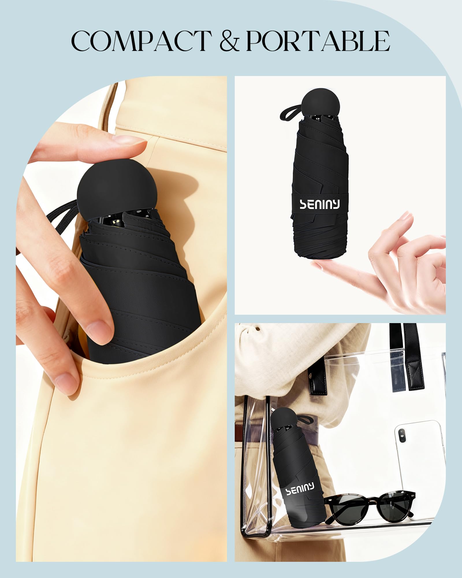 Seniny Mini Travel Umbrella with Case, Compact Pocket Size UV Sun & Rain