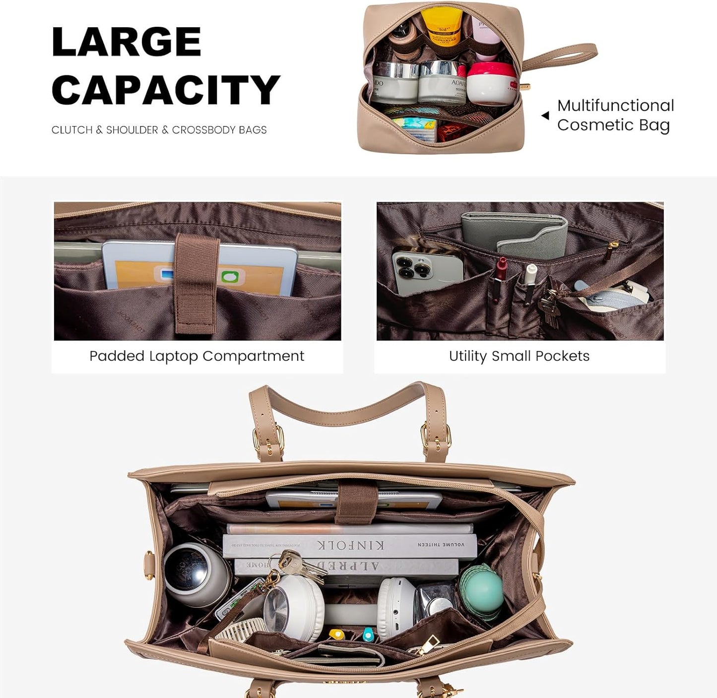 LOVEVOOK Laptop Bag for Women 15.6 inch Lightweight PU Laptop Tote Bag, Large Capacity Computer bag with Clutch Purse for Business, Work, Office, Travel,School，Casual（Light Brown，15.6 Inch）