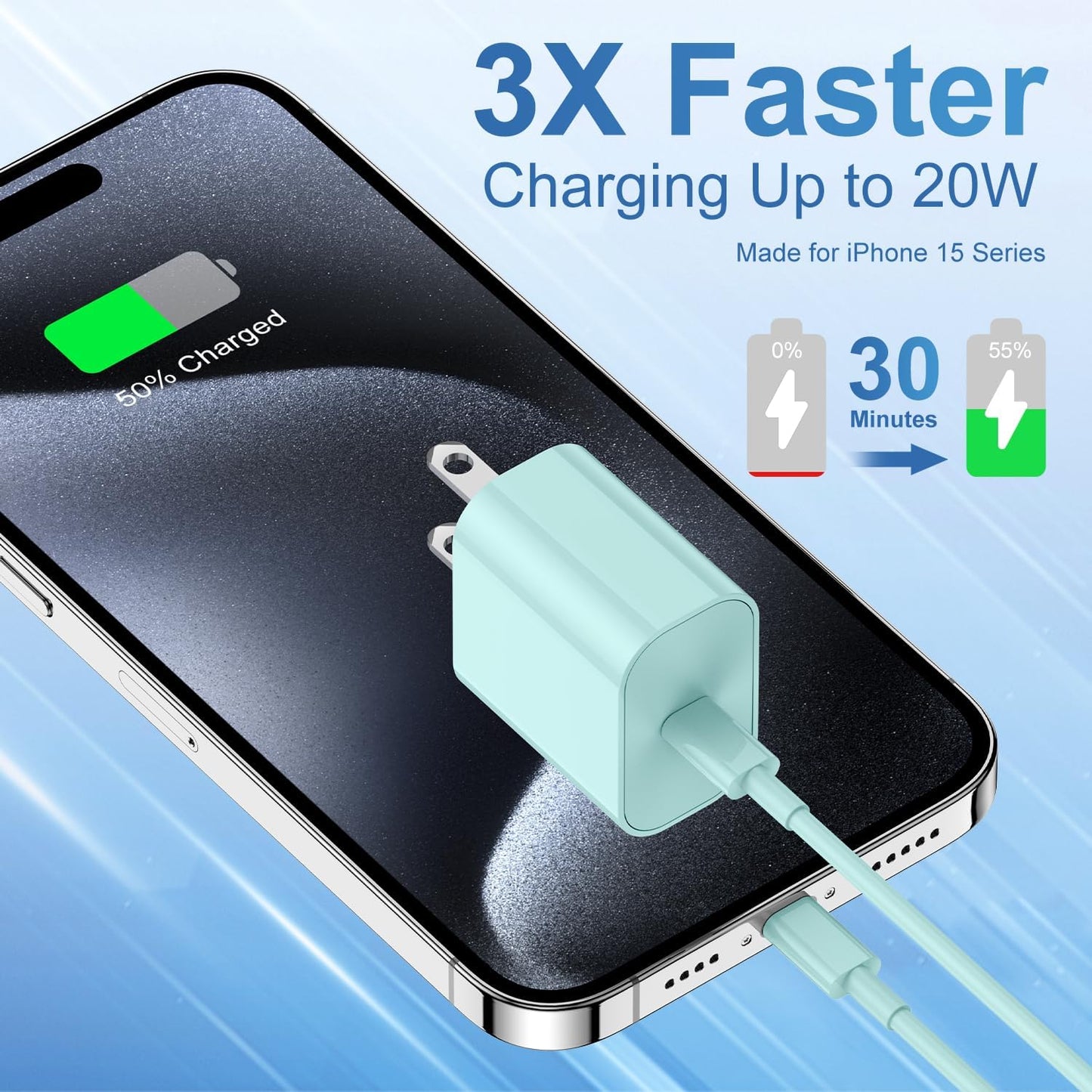 iPhone 17 16 15 Fast Charger Block and 10ft USB C to C Cable Cord Long for Apple iPhone 17 Pro Max/17 Air/16e/16 Plus/15/iPad/Samsung,Type C Wall Charging Power Adapter Plug Cube Brick-Light Green