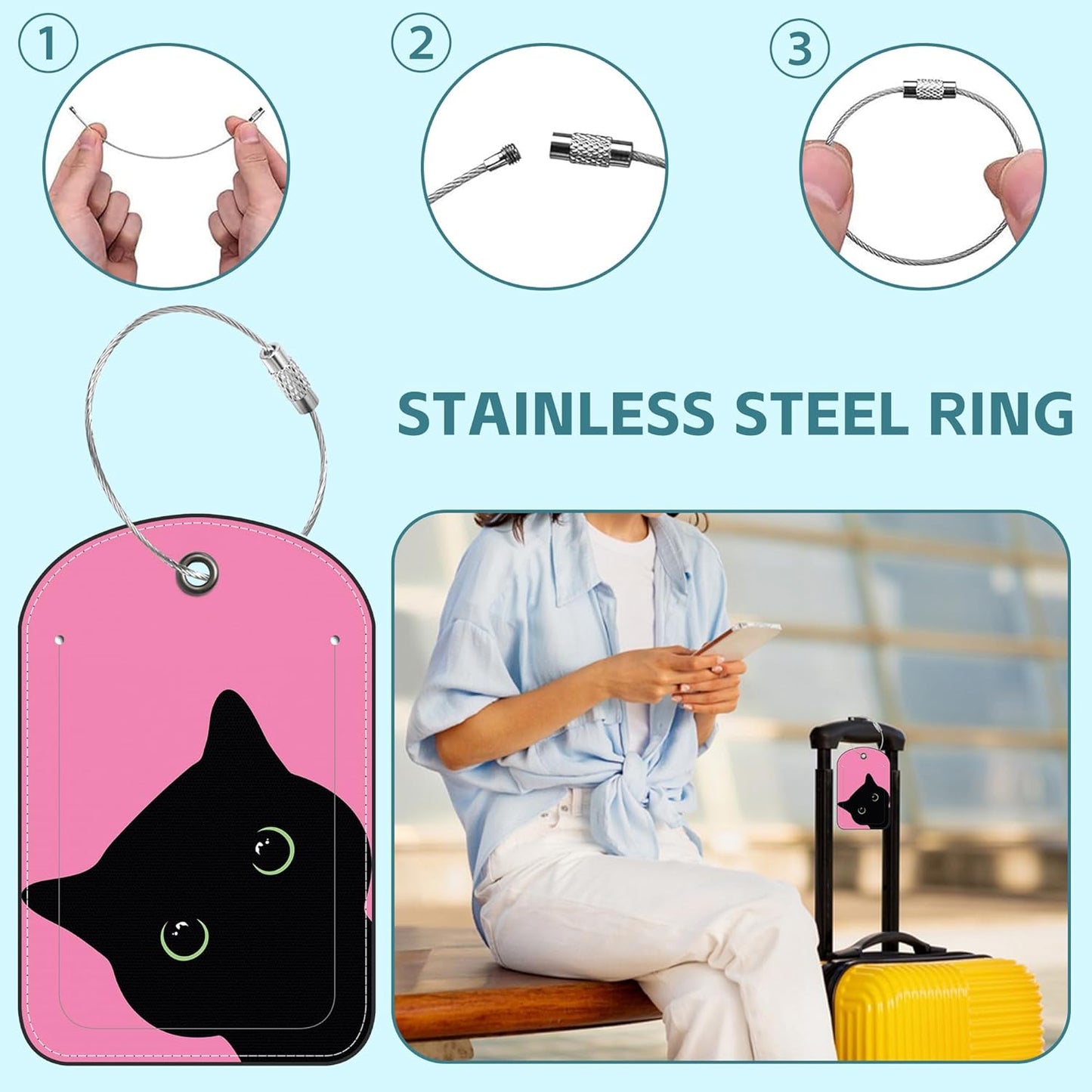 2 Pack Cute Luggage Tag for Suitcases Cute Cat Leather Luggage Tags with Stainless Steel Loop Privacy Flap Name Tags,Men and Women Travel Bag Suitcase Tags