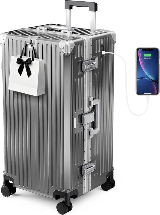 ALPHA CAMP Trunk Luggage, Large 30 Inch Thickened Aluminum Frame Luggage with TSA Spinner Wheels, 3-Layer PC Hardside Lightweight Zipperless Travel Suitcase, Type-C USB Charging Port, Cup Holder Grey