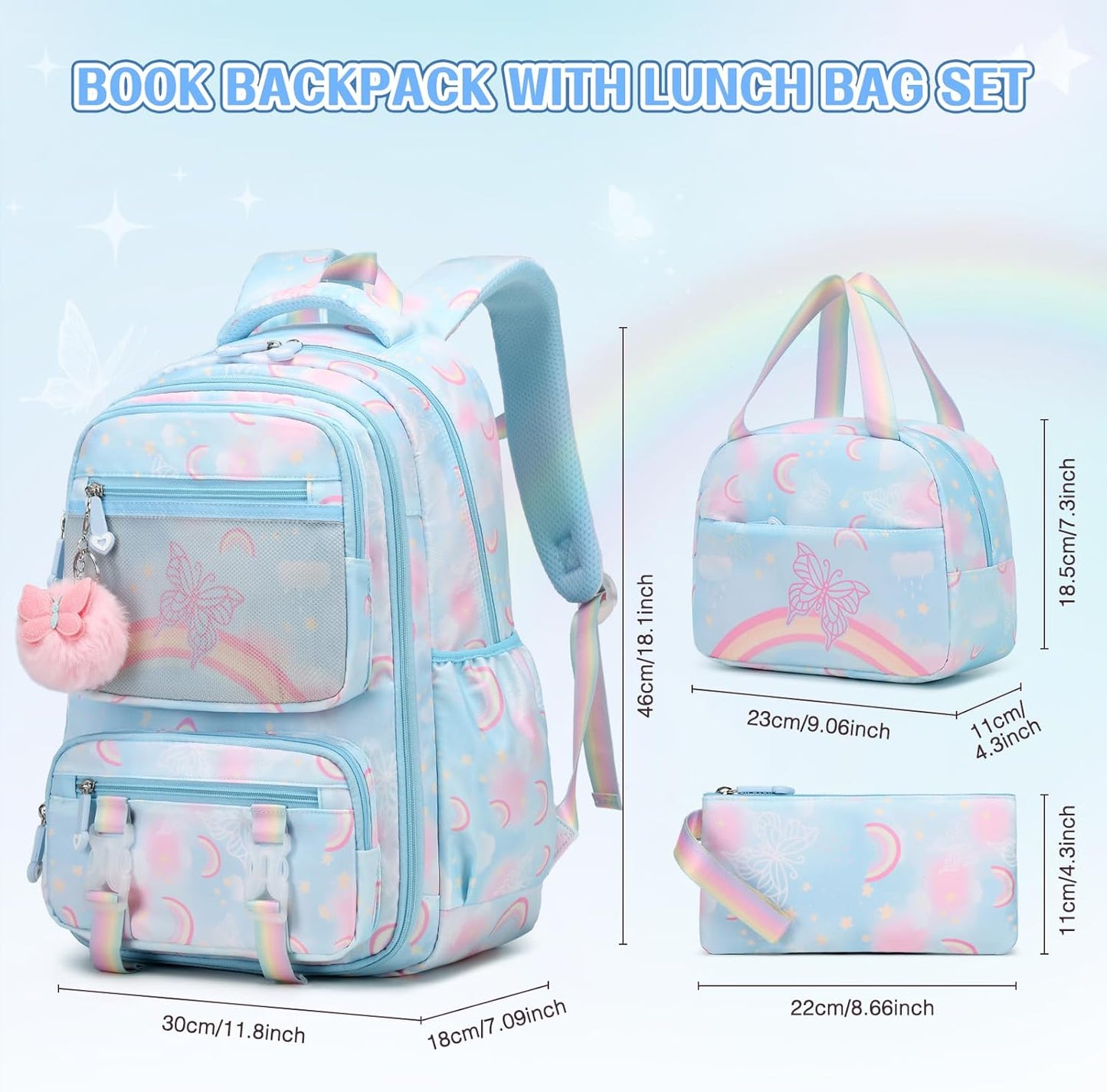 Backpack for Girls, Rainbow Butterfly Girls Backpacks with Lunch Bag Pencil Case Set, Kids Backpack Kindergarten Elementary Middle School Book Bag for Teen Girl Children Students