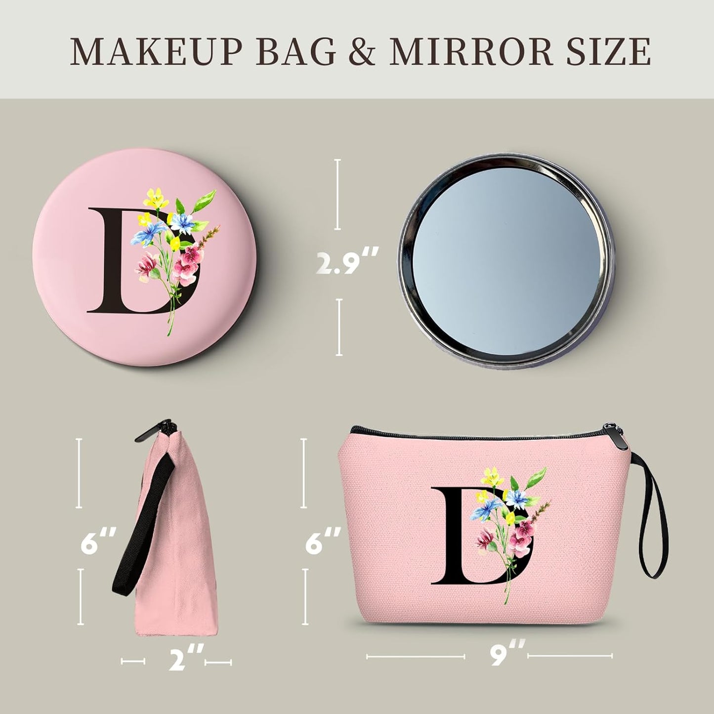 Women Birthday Maid of Honor Monogrammed Gifts for Bride Bridesmaid Sister Friend Her Teacher Makeup Cosmetic Bag with Mirror Mothers Day Christmas Graduation D