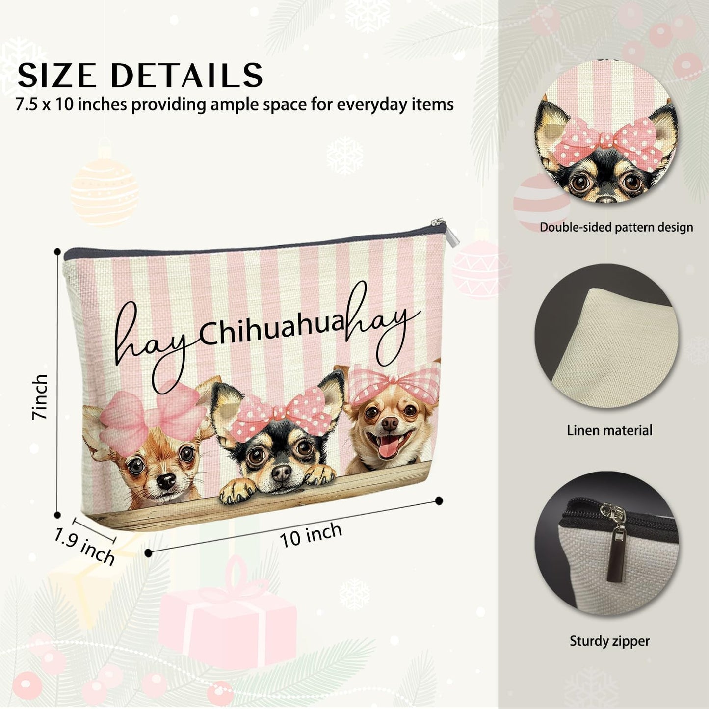 Coquette Chihuahua Makeup Bag Gifts for Women, Preppy Pink Bow Chihuahua Cosmetic Bag, Girly Dog Pink Striped Zipper Makeup Pouch Travel Toiletry Bag