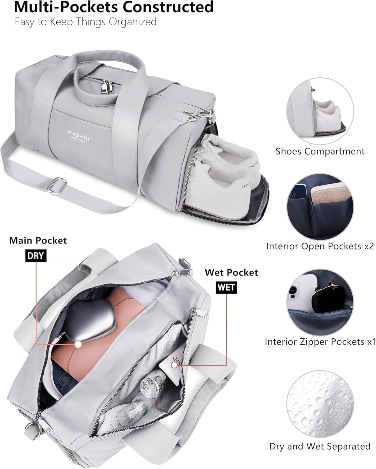Compact Sports Gym Bag for Women and Men, Cute Mini Duffle Bag with Wet Pocket & Shoes Compartment, Personal Item Travel Workout Bag, 16"-Small, Grey