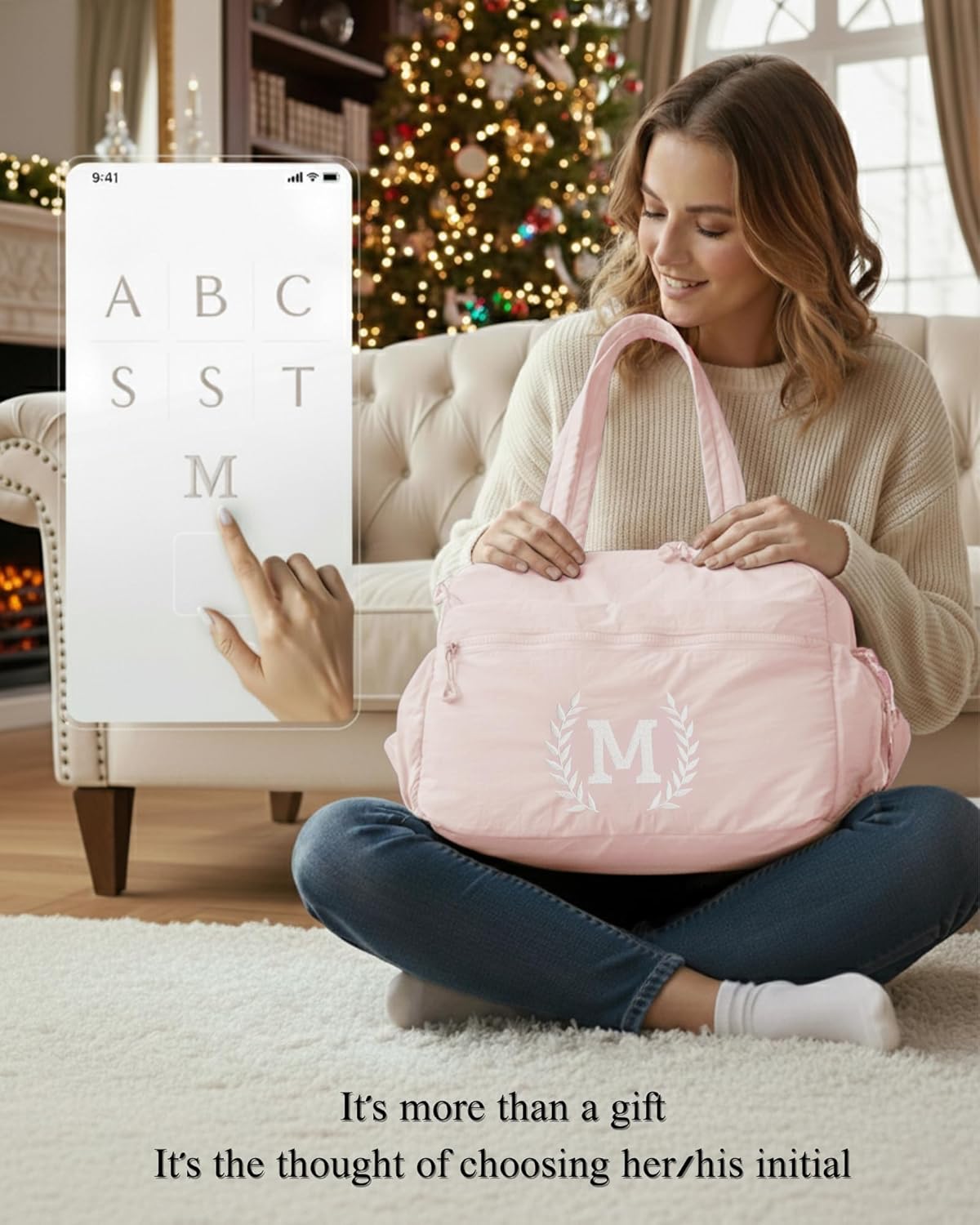 Gift for Women, Kid & Friend, Initial Girls Duffle Bag, Monogrammed Personalized Overnight Weekender, Birthday Gifts for Teen, Mom, Daughter, Grandmother, Dad (Pink, M)