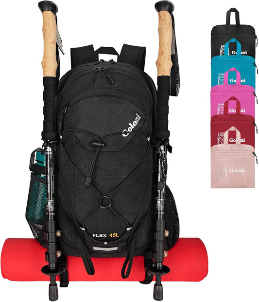 45L Hiking Backpack with Rain Cover, Lightweight Foldable Camping Backpack for Trekking, Water-Resistant Daypack with Hiking Pole & Mat Carrying System,Black