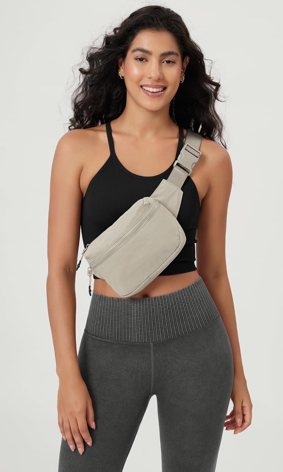 ODODOS 2L Belt Bag for Women Men, Crossbody Fanny Packs with Adjustable Strap Waist Pouch for Workout Hiking Running Travel, Light Grey