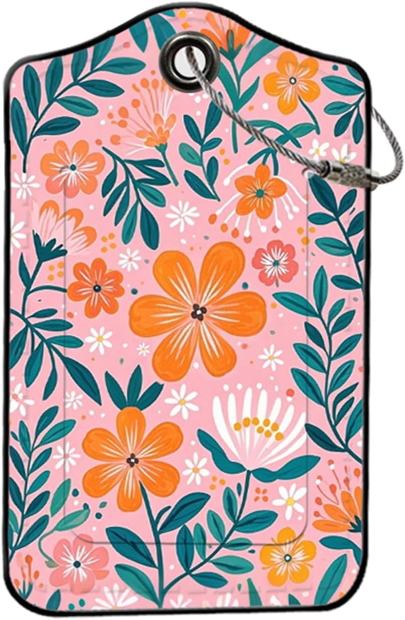 2 Pack Flowers Leather Luggage Tags for Suitcases, Travel Bag Tags with Privacy Cover ID Label with Stainless Steel Loop for Women Men Girls Backpack Gift (Pink Orange)