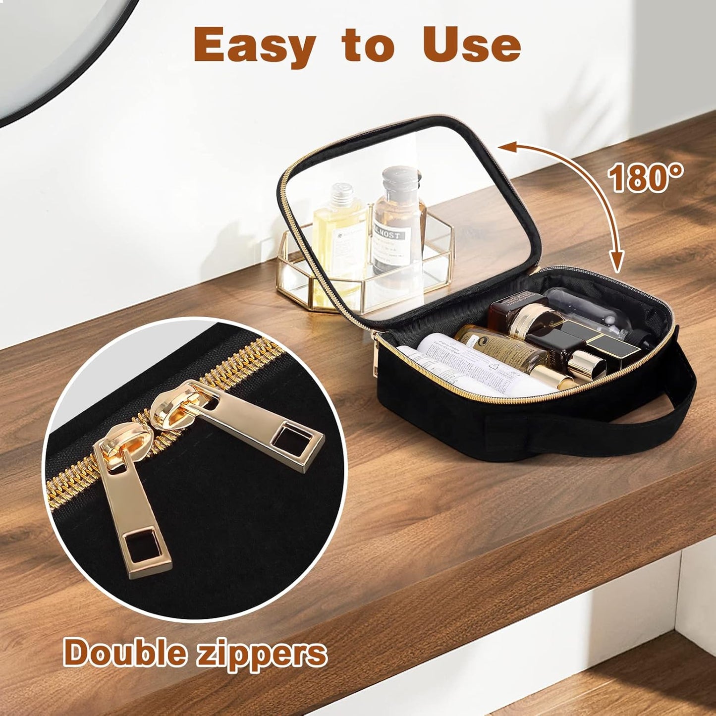 Wedama 2 Pack Toiletry Bags with Handles, Large Opening PVC Cosmetic Bags, Double Zipper, Black