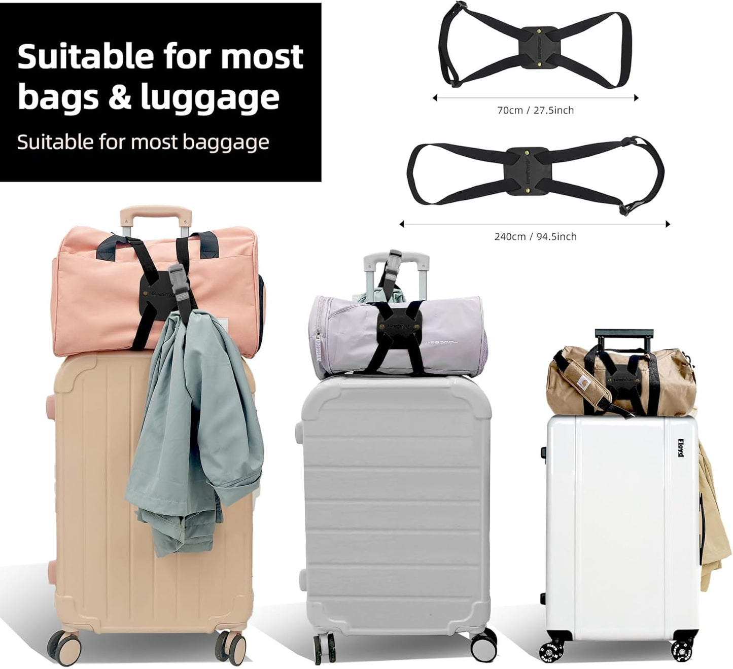 Luggage Straps Bag Bungees, Adjustable TSA-Approved – High Elastic Suitcase Belt for Securing Carry-On (2 Pack Black)