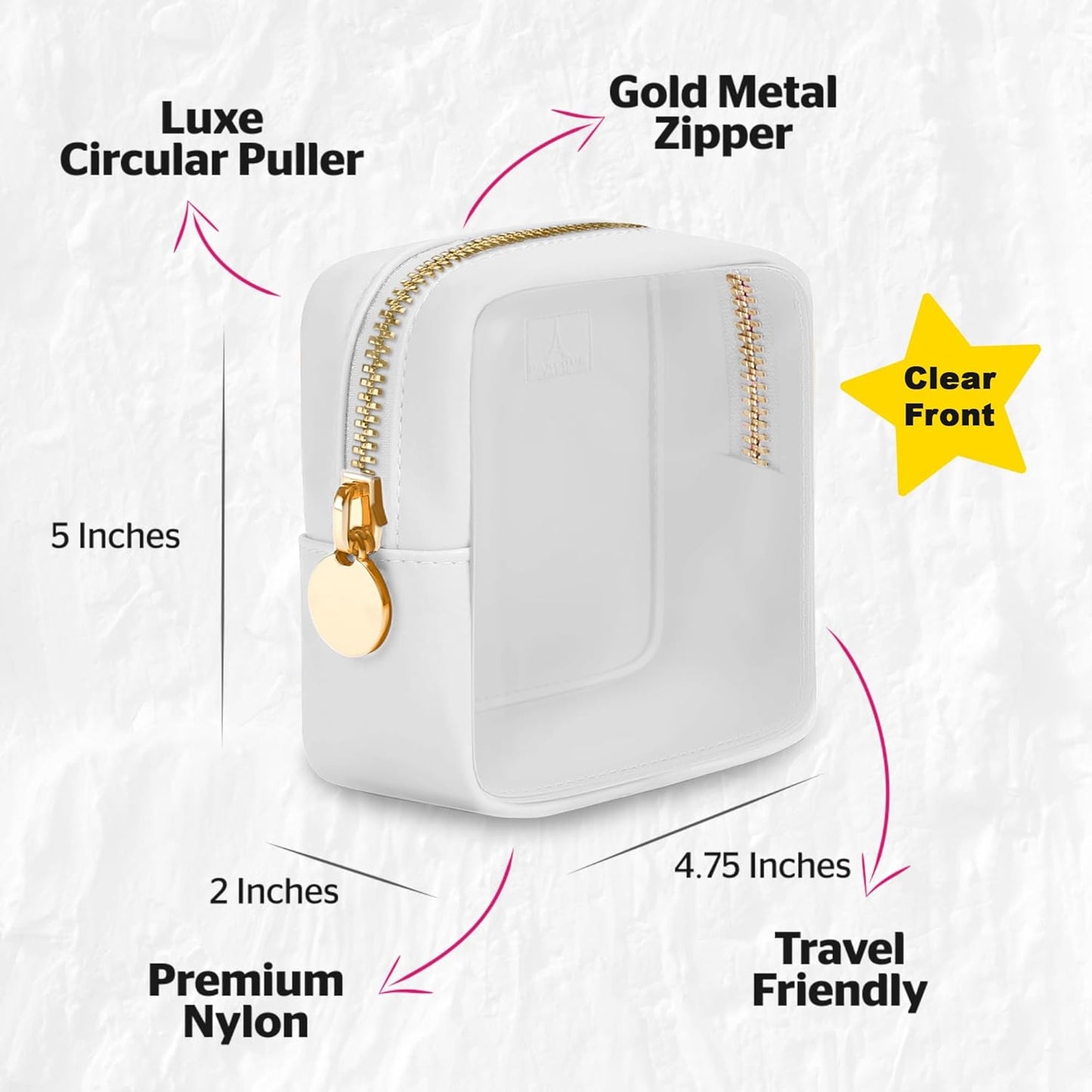 Clear Mini Makeup Bag - Small Cosmetic Pouch for Purse - Travel Case (White)