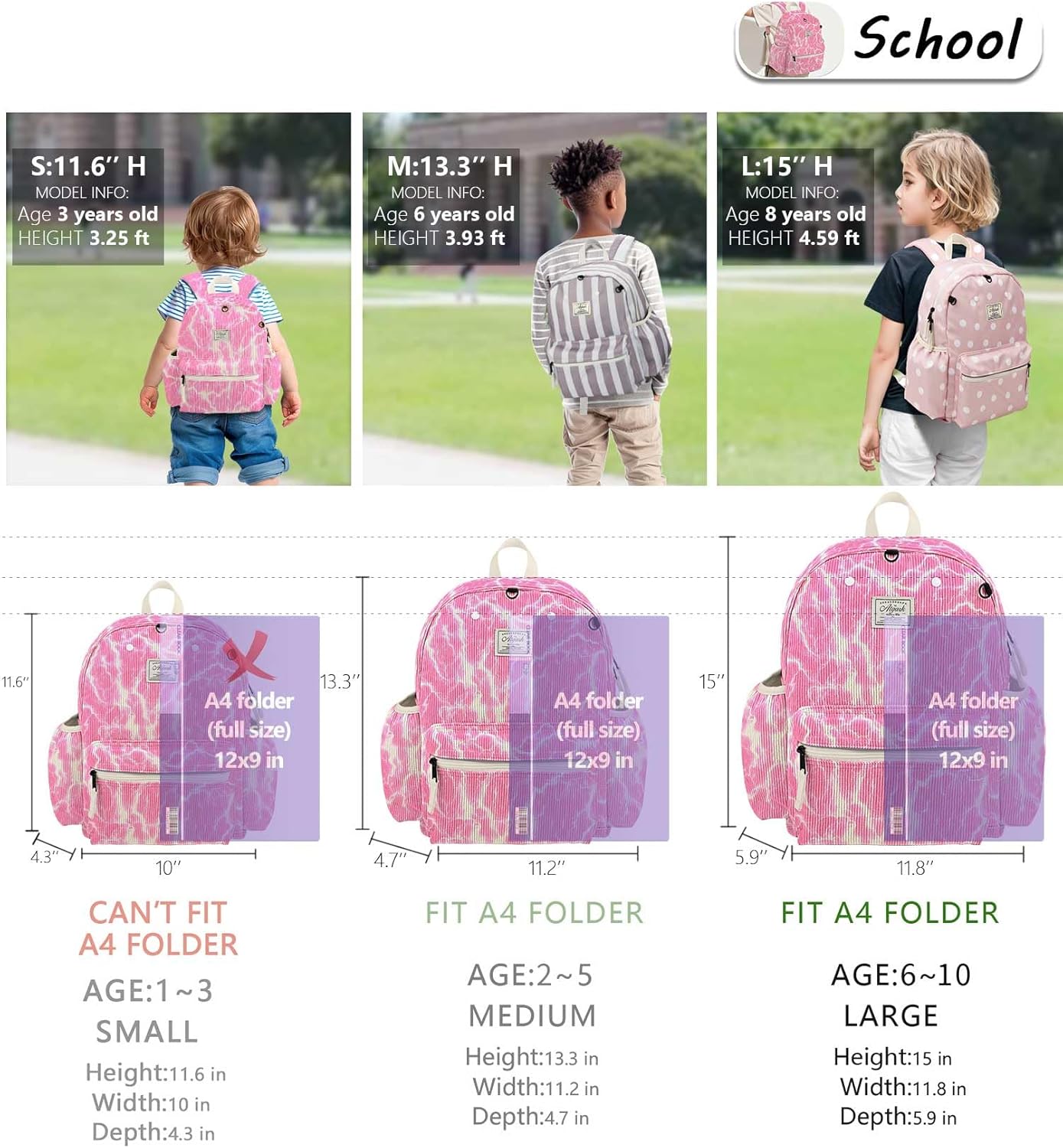 Corduroy Kids Backpack for Girls 6-10: Girls Backpacks for Elementary Kindergarten 15” H Fit Folder