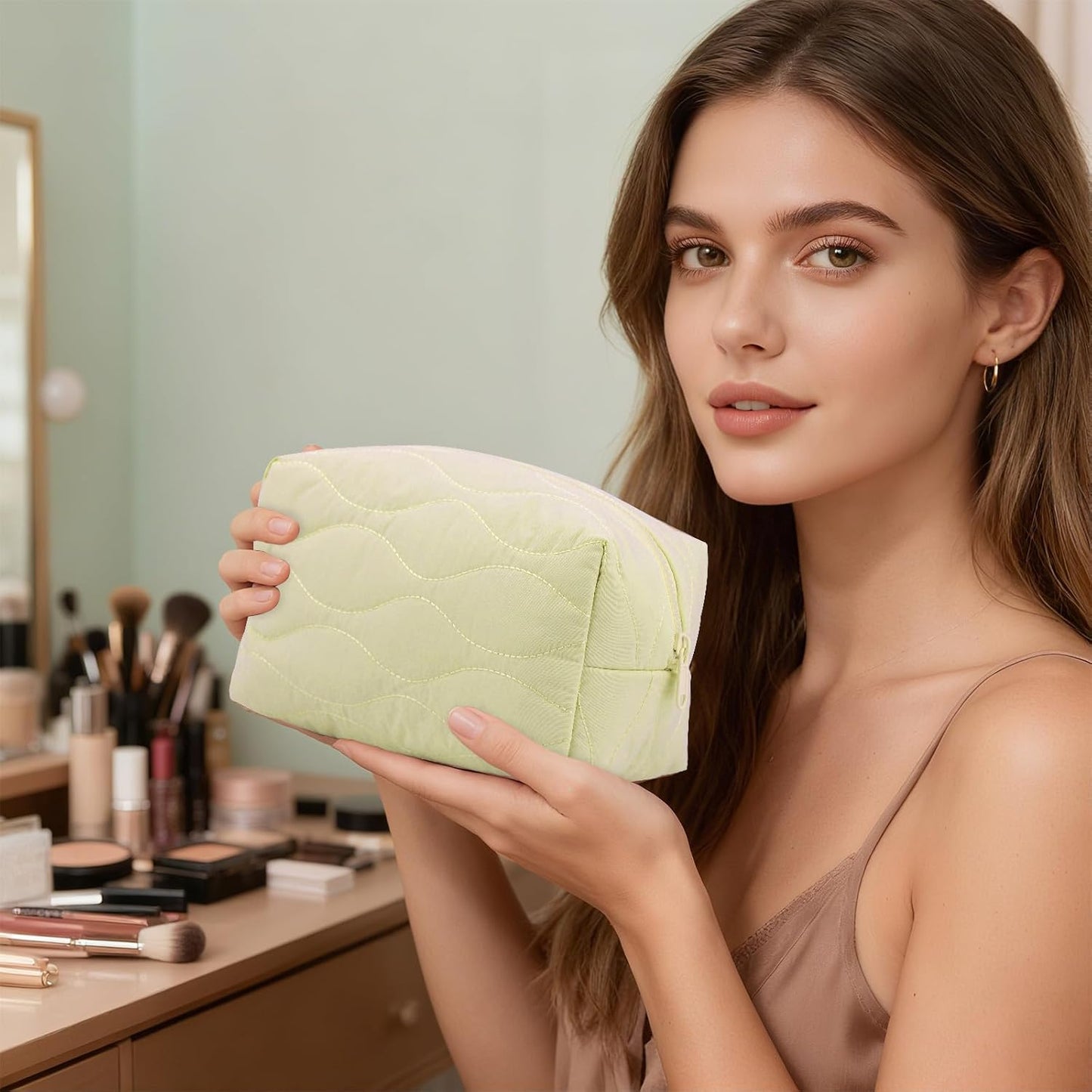 Make up Bag Travel Cosmetic Bag for Women Girls Zipper Puffy Padded Makeup Organizer Waterproof Portable Pouch Purse Lightweight Toiletry Accessories Storage Light Yellow