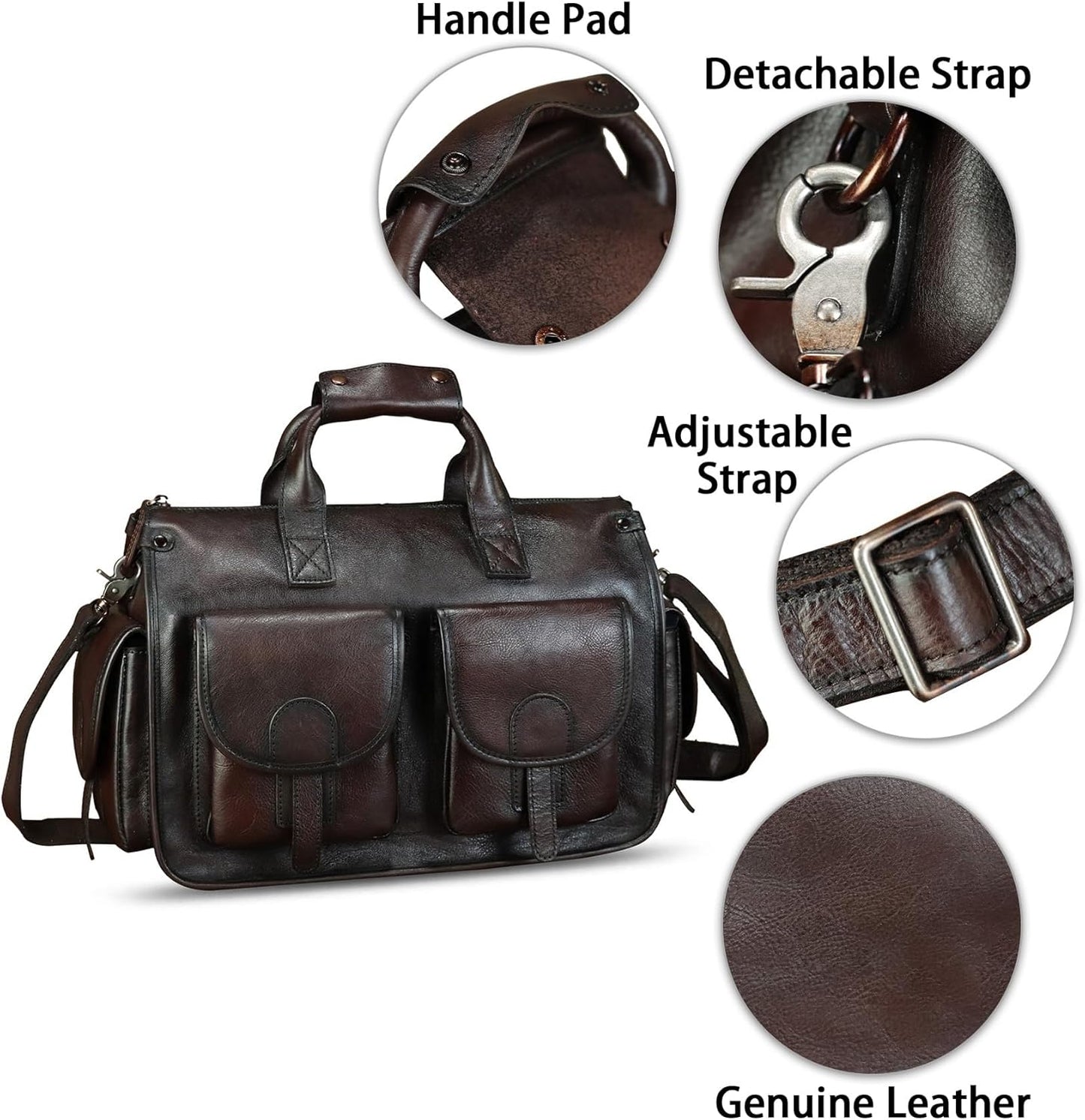 Genuine Leather Messenger Bag and Briefcase Purse for Men Real Leather Shoulder Bag Top Handle Satchel Purse for Laptop Strap