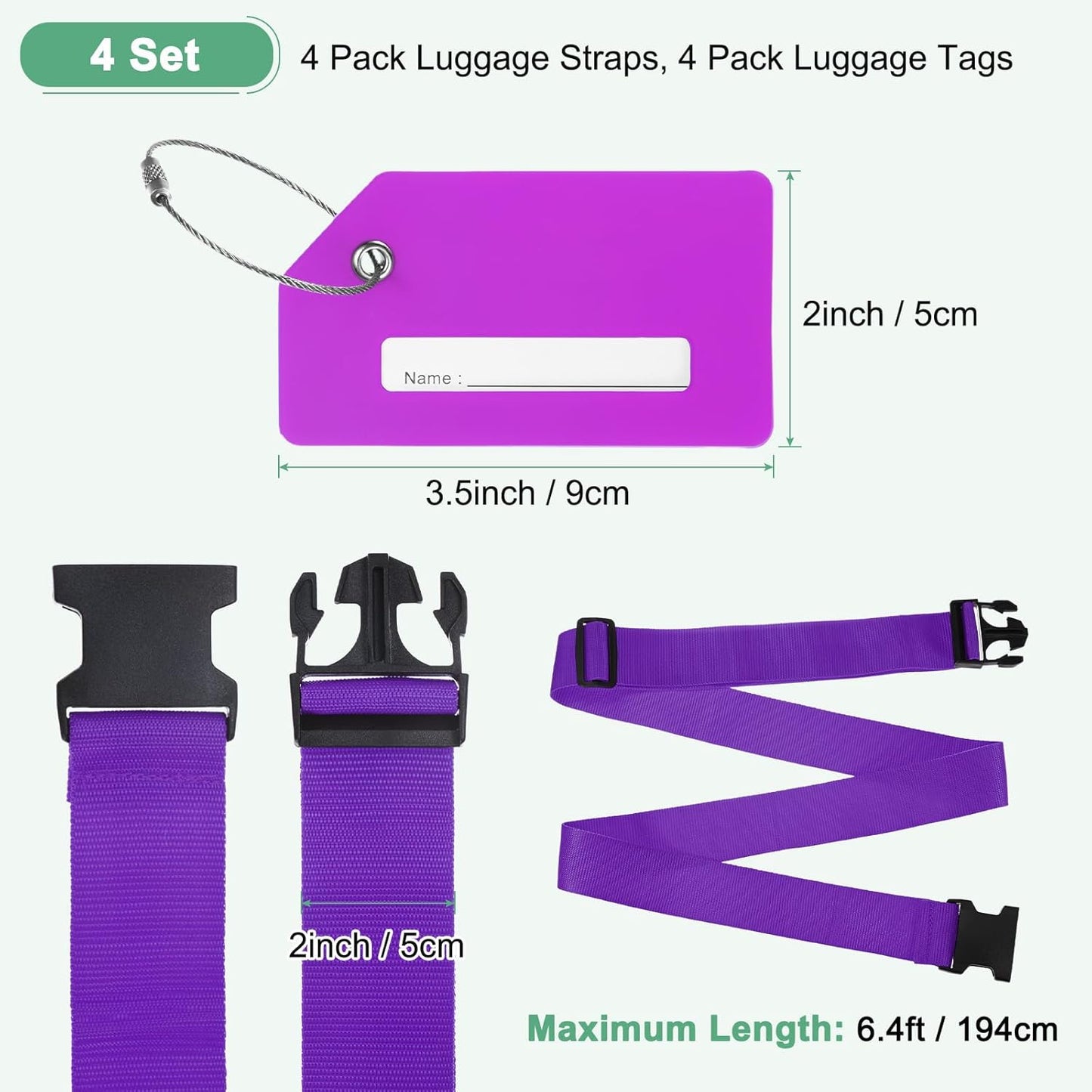 4-Sets Luggage Straps TSA Approved, Travel Straps for Luggage Suitcase Tags Set, Adjustable Suitcase Belt [Purple]