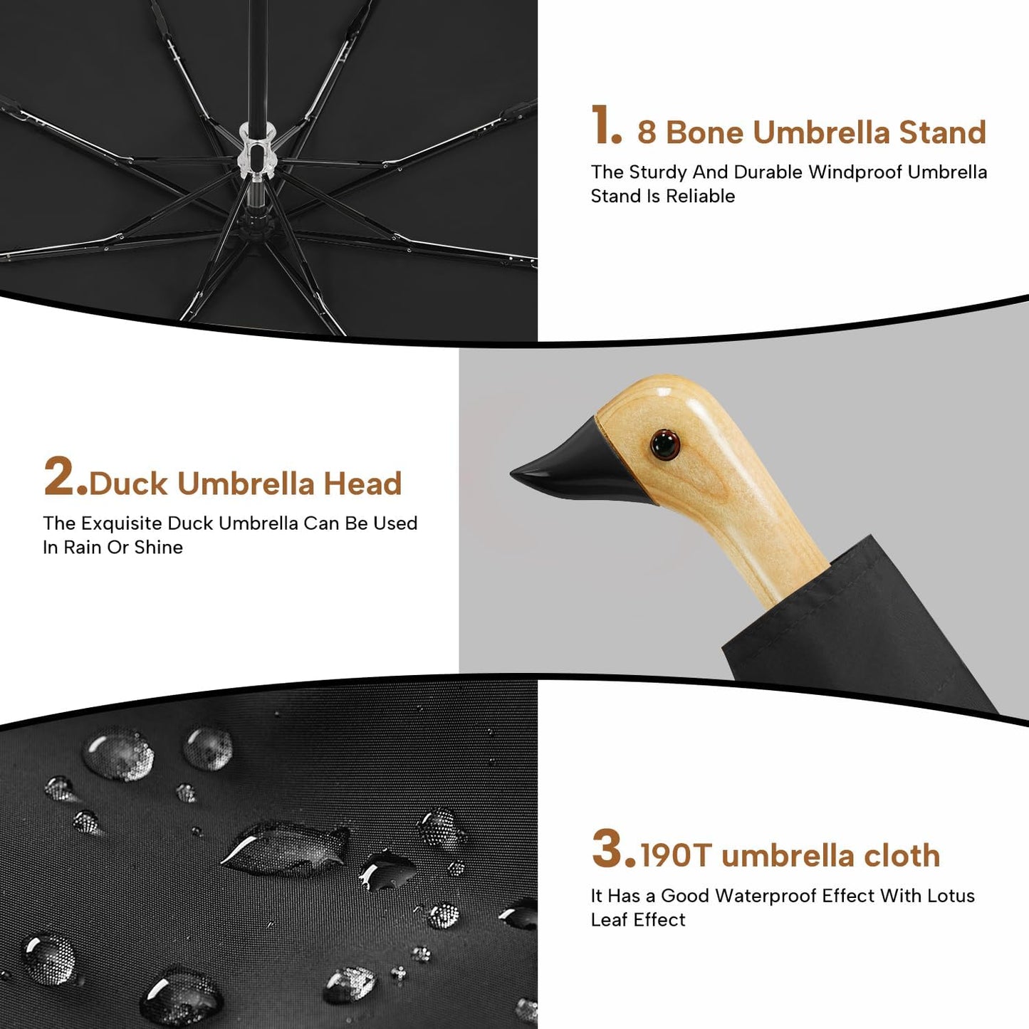LEAGERA Compact Small Umbrellas for Rain&Sun, Cute Design Duck Head Umbrella for Girls Gifts, 8 Ribs Folding Umbrella with Wooden Handle
