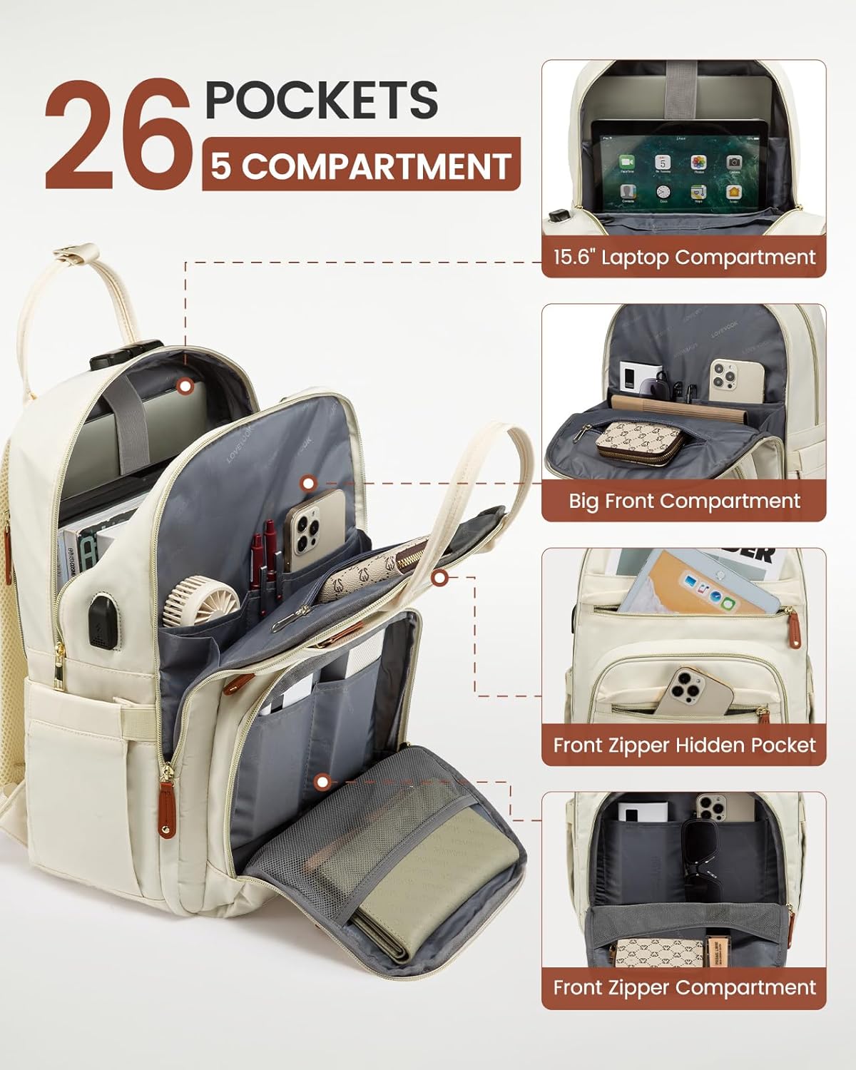 LOVEVOOK Laptop Backpack Purse for Women, Travel Anti-theft Work Bags with Lock, Business Computer Bag College backpack for Men, Casual Hiking Daypack, Fits 15.6 Inch Laptop, Beige